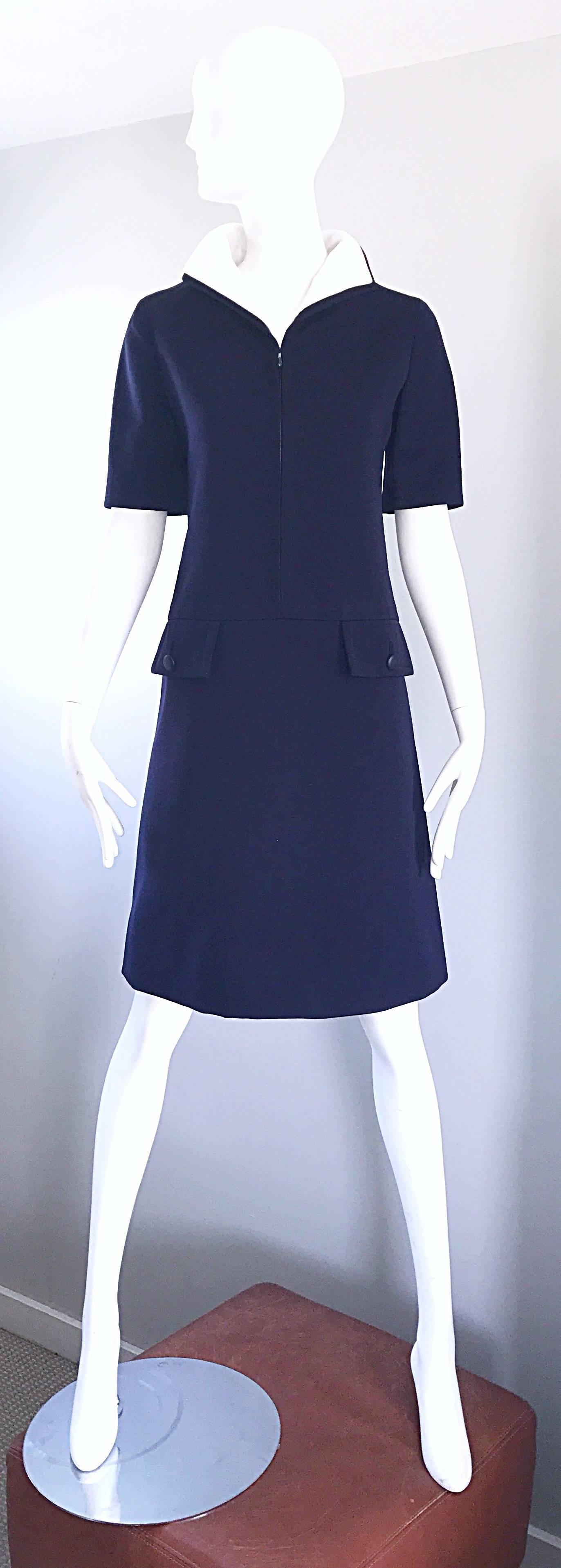 Amazing and rare vintage 1960s YVES SAINT LAURENT HAUTE COUTURE navy blue and white numbered nautical A-Line dress! 1960s YSL pieces are hard enough to find, yet alone an haute couture piece! As with all genuine haute couture pieces, this gem is