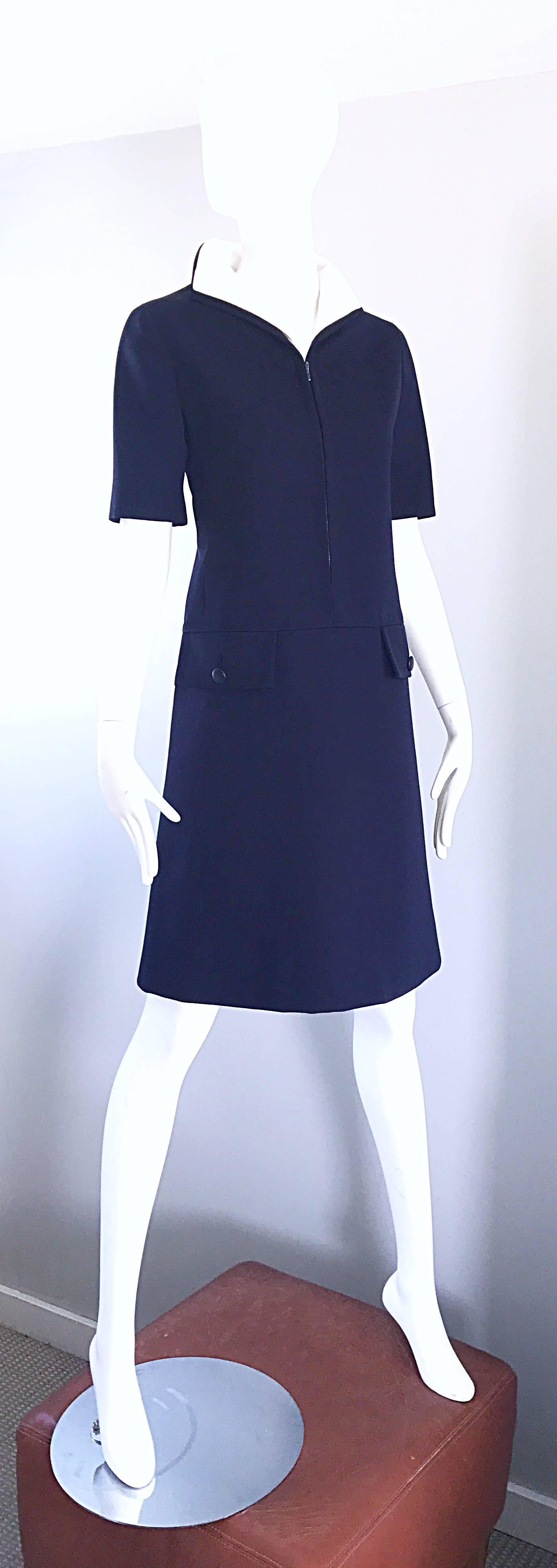 Yves Saint Laurent Haute Couture Navy Blue and White Nautical Dress, 1960s In Excellent Condition For Sale In San Diego, CA