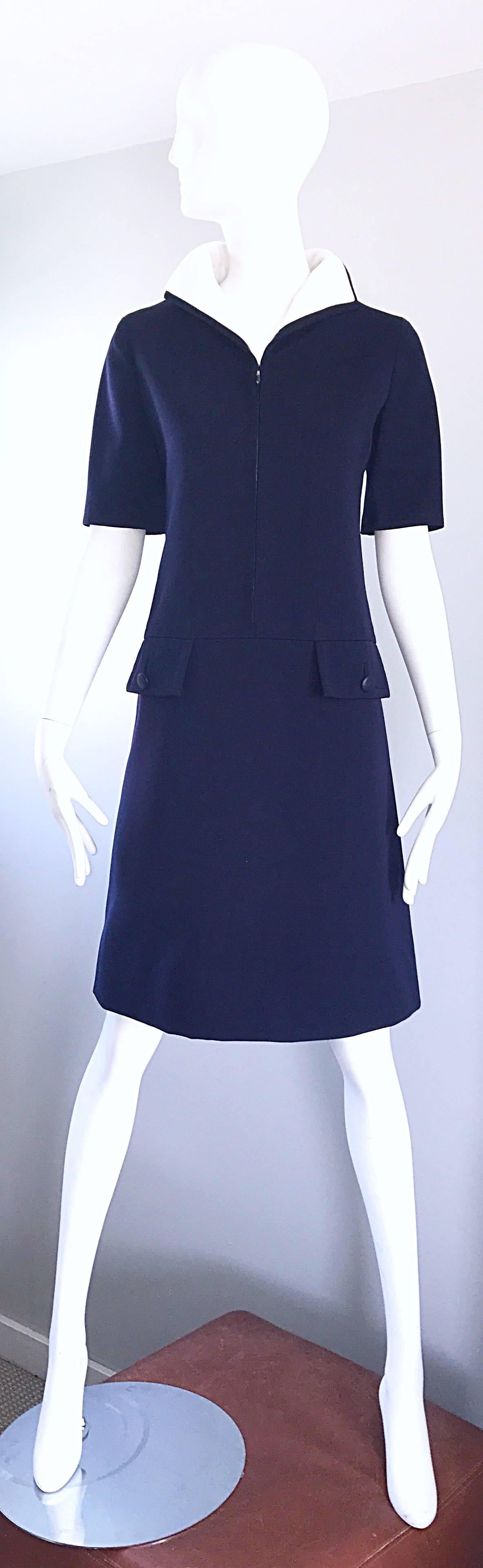 Yves Saint Laurent Haute Couture Navy Blue and White Nautical Dress, 1960s For Sale 1