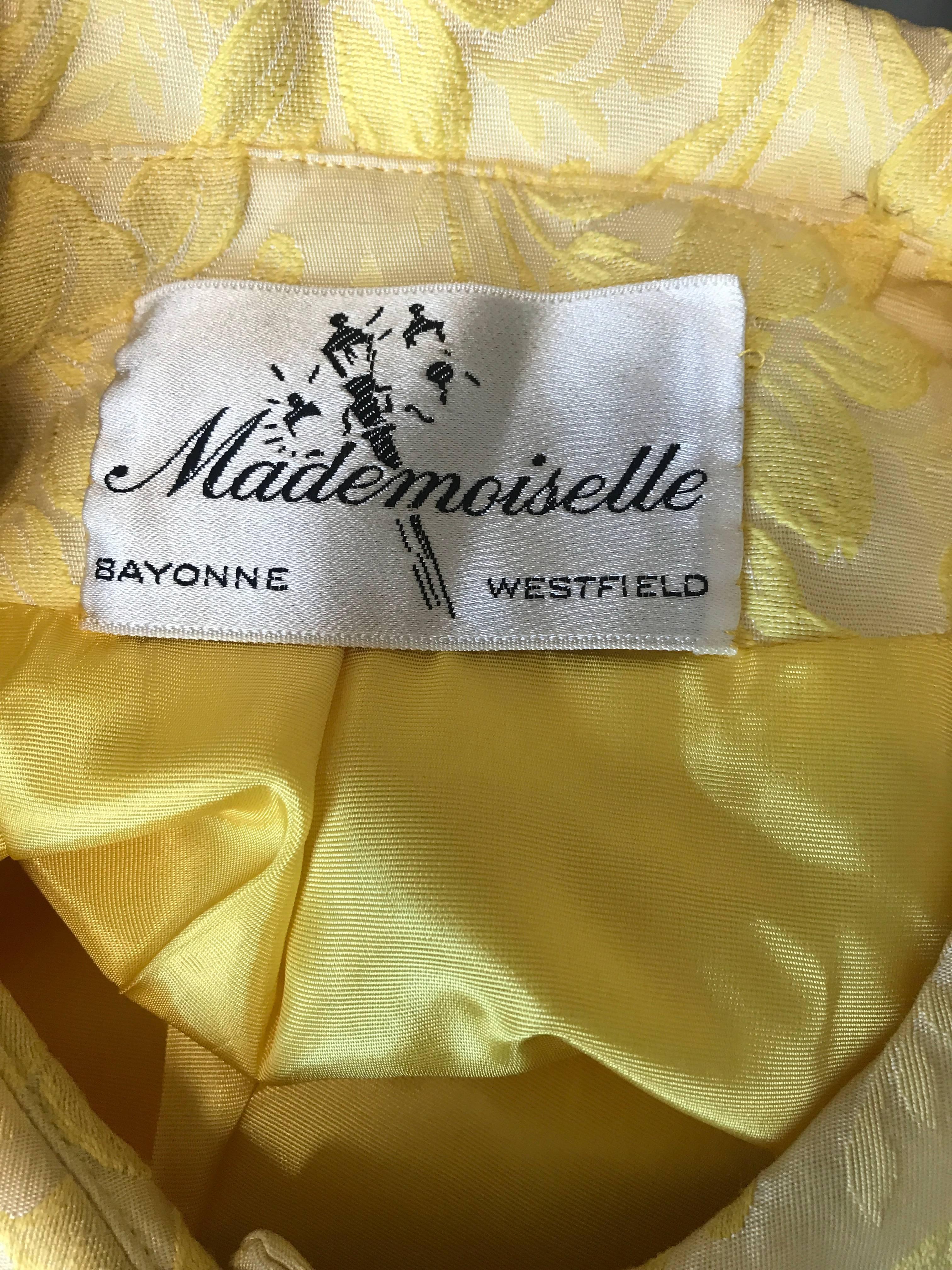 Chic 1960s Mademoiselle Canary Yellow Silk Borcade A - Line Dress & Jacket Suit For Sale 3