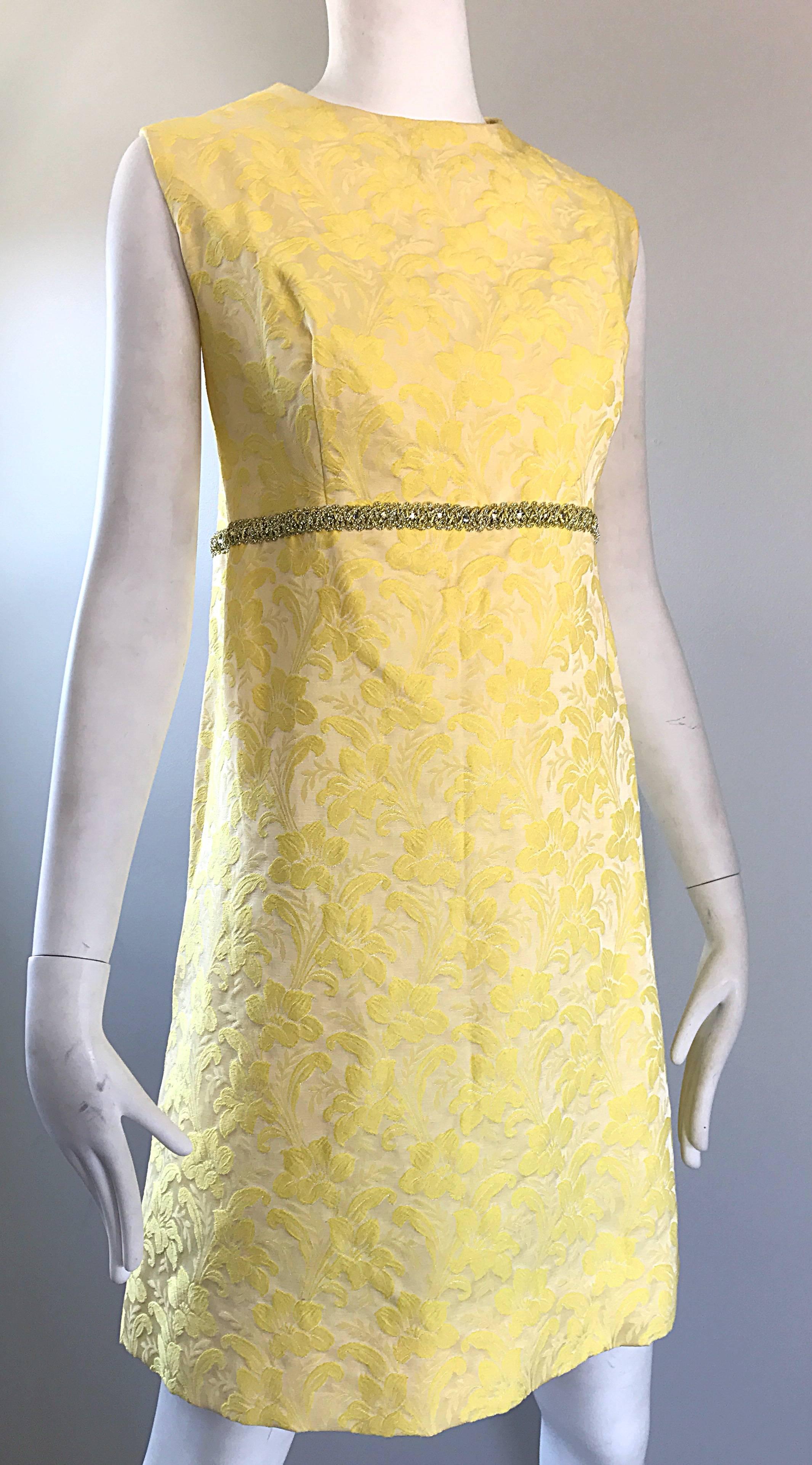 Chic 1960s Mademoiselle Canary Yellow Silk Borcade A - Line Dress & Jacket Suit In Excellent Condition For Sale In San Diego, CA