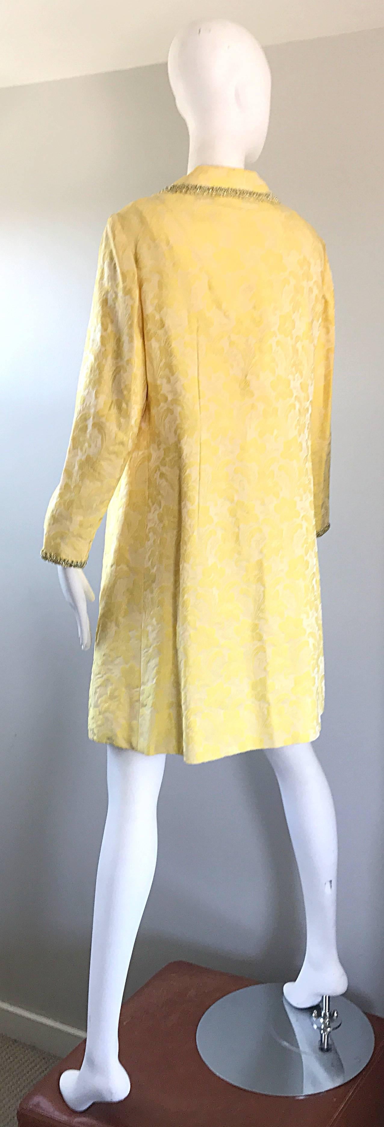 Women's Chic 1960s Mademoiselle Canary Yellow Silk Borcade A - Line Dress & Jacket Suit For Sale