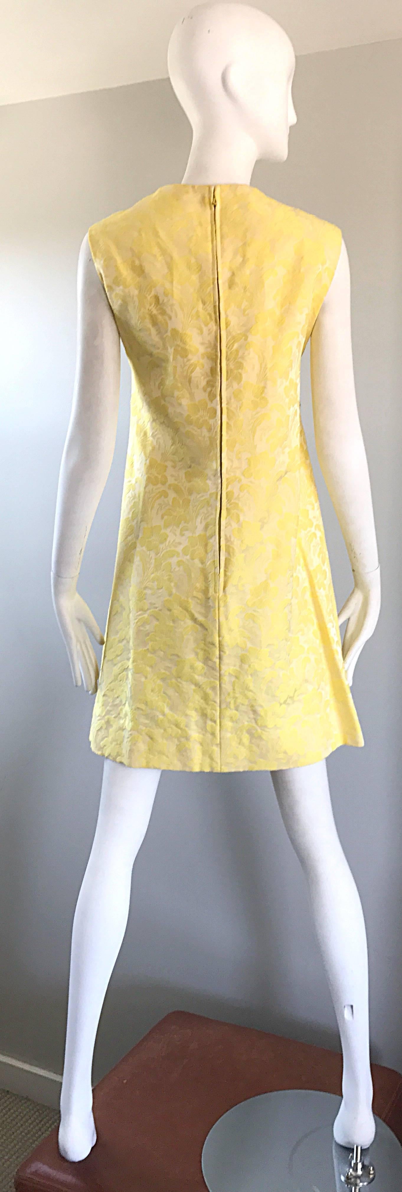 Chic 1960s Mademoiselle Canary Yellow Silk Borcade A - Line Dress & Jacket Suit For Sale 1