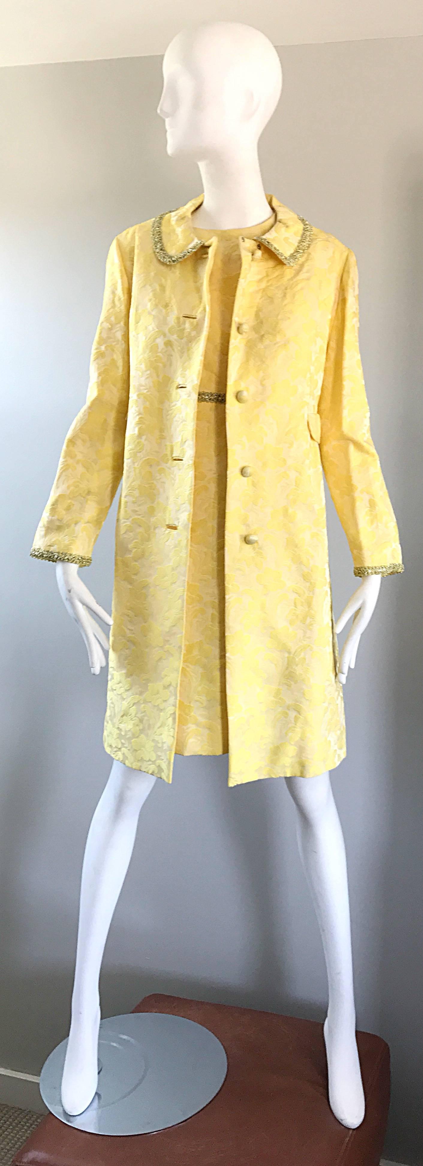 Chic 1960s Mademoiselle Canary Yellow Silk Borcade A - Line Dress & Jacket Suit For Sale 2