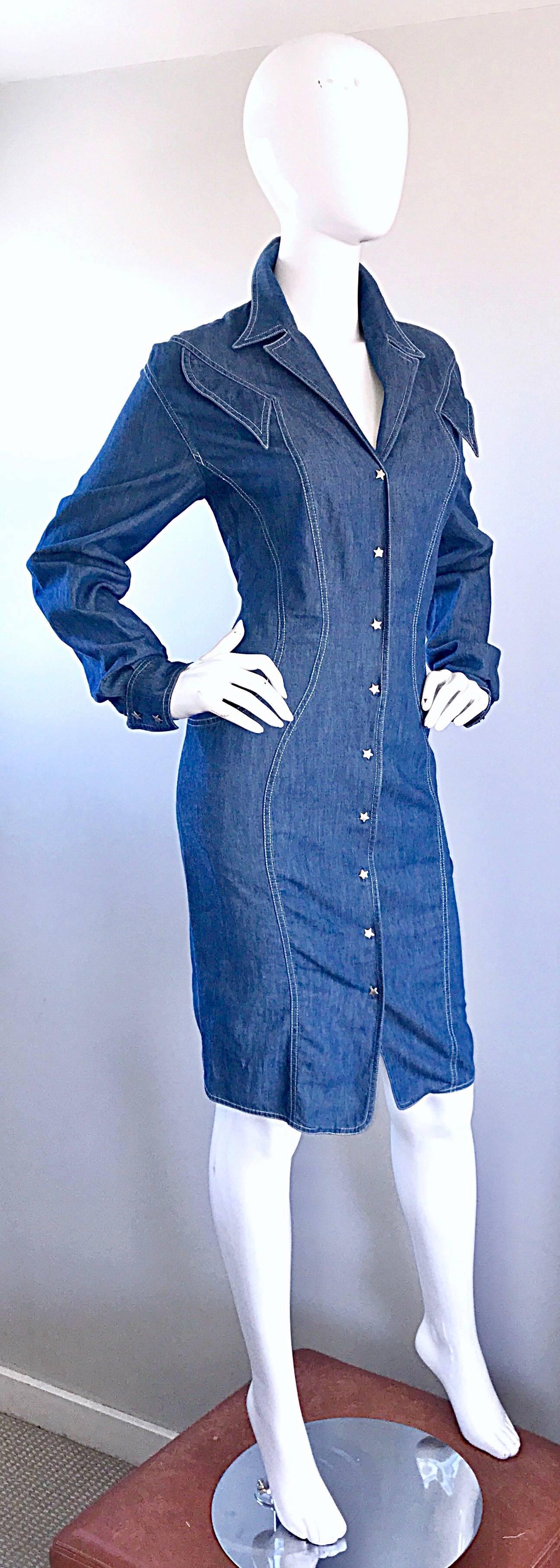 Vintage Thierry Mugler Denim Blue Jean 1980s Avant Garde Bodycon 80s Dress In Excellent Condition In San Diego, CA