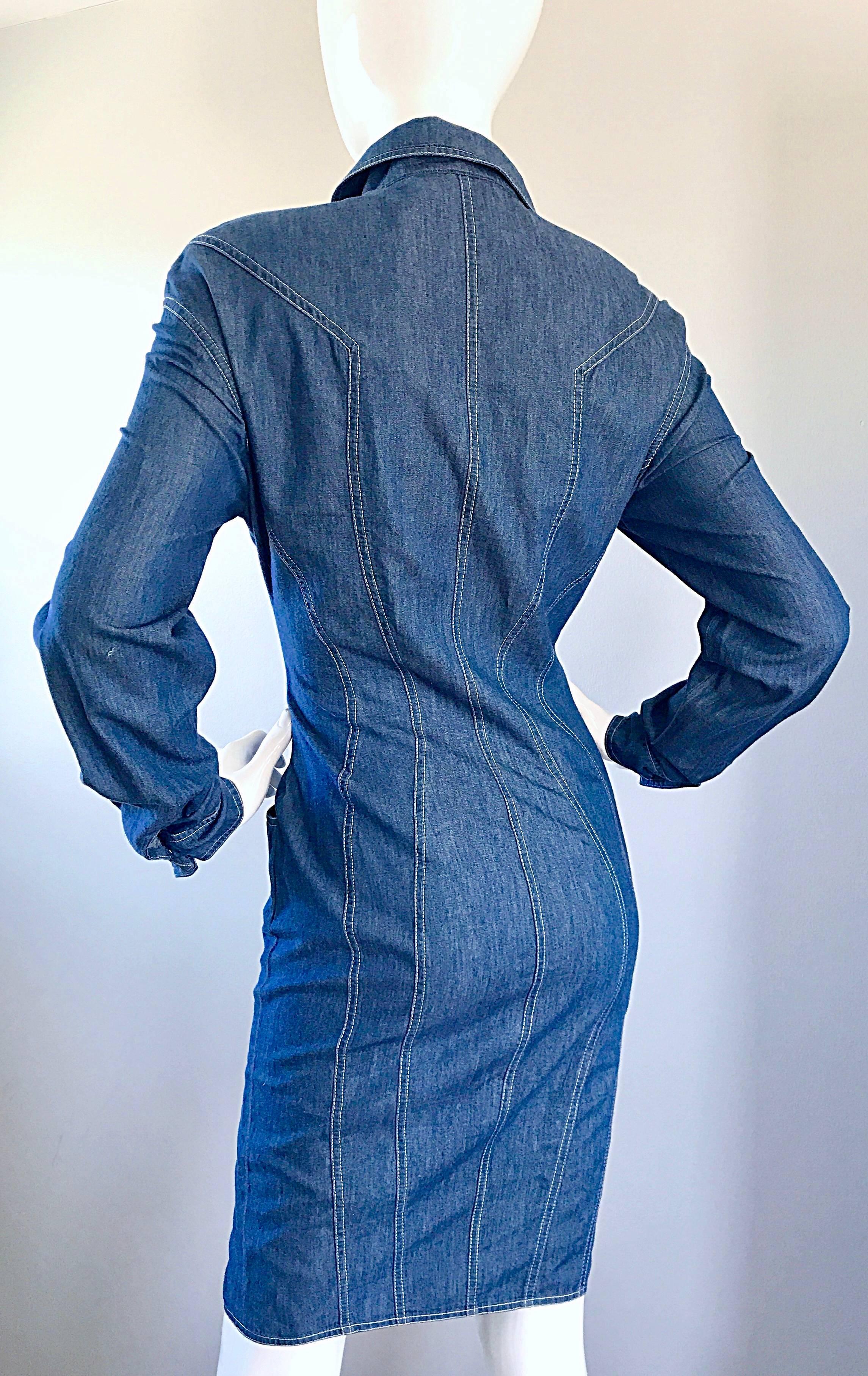 Vintage Thierry Mugler Denim Blue Jean 1980s Avant Garde Bodycon 80s Dress 1