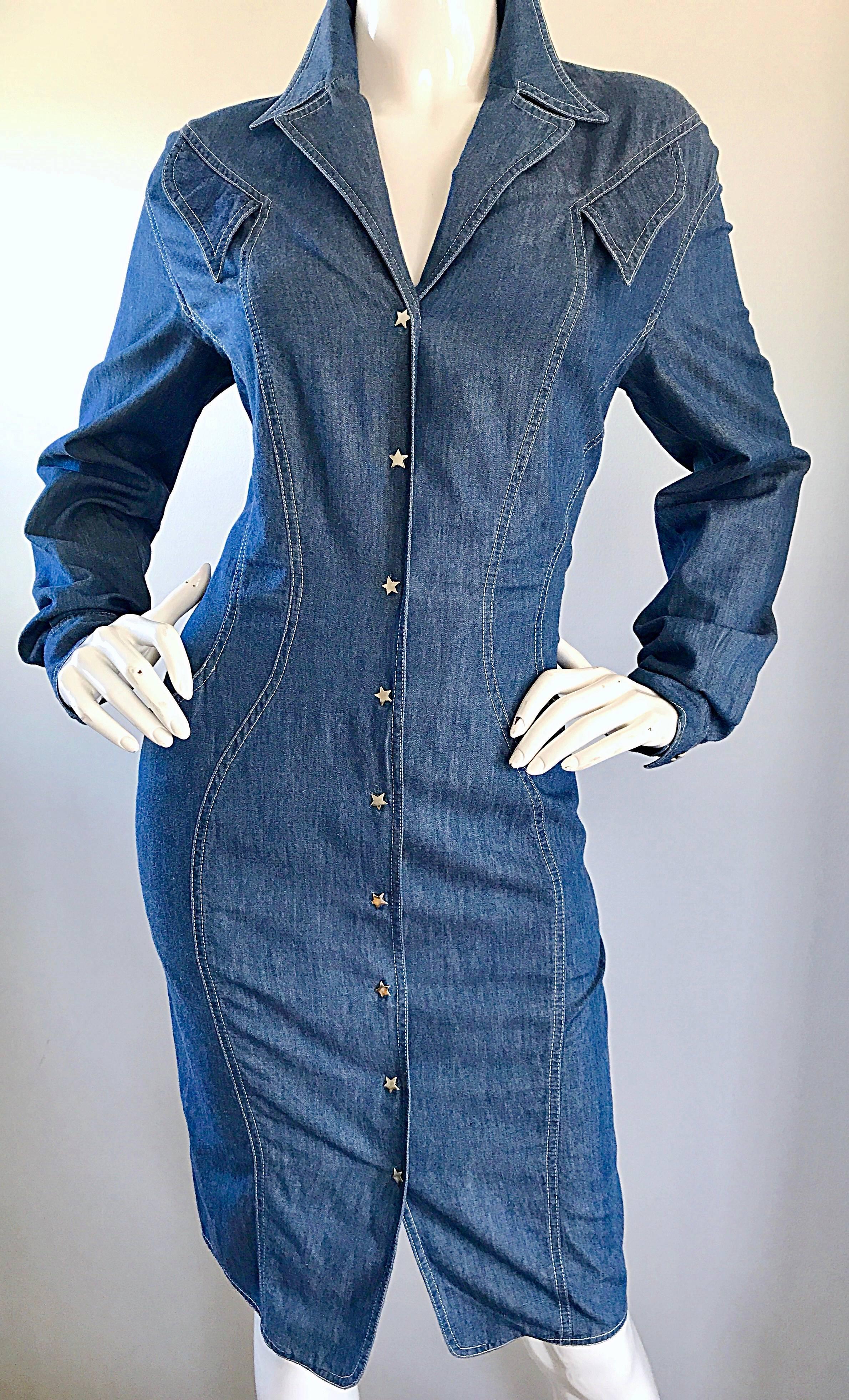 Women's Vintage Thierry Mugler Denim Blue Jean 1980s Avant Garde Bodycon 80s Dress