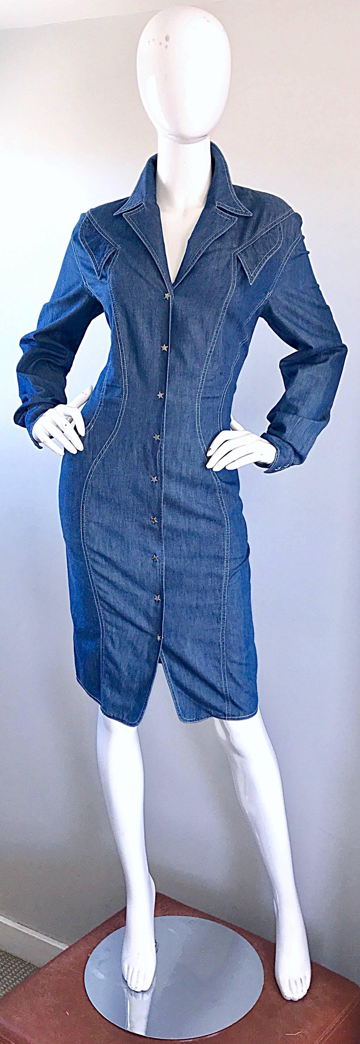 Vintage Thierry Mugler Denim Blue Jean 1980s Avant Garde Bodycon 80s Dress 2