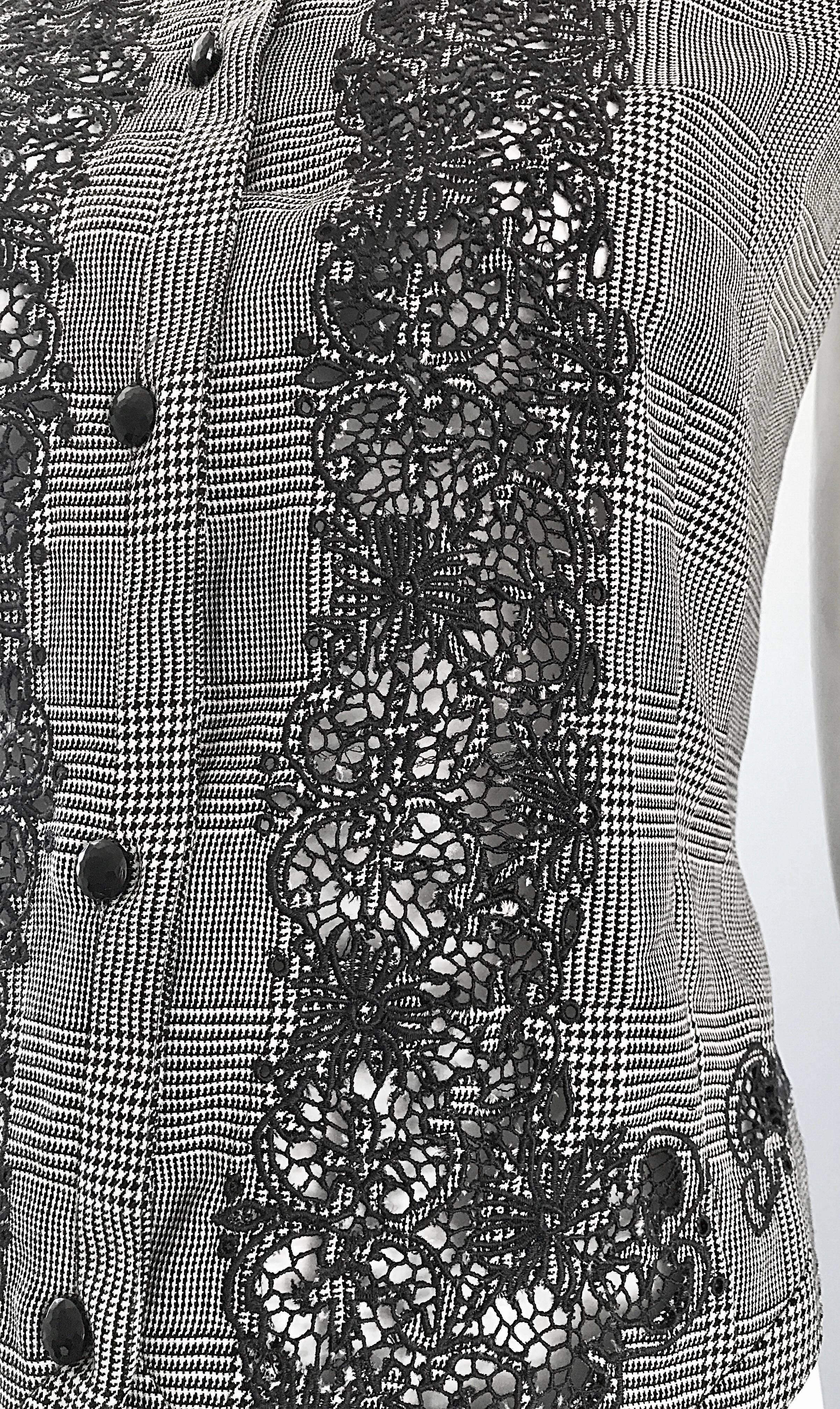 Rare Early Gianni Versace Black and White Houndstooth Plaid Embroidered Vest Top For Sale 1