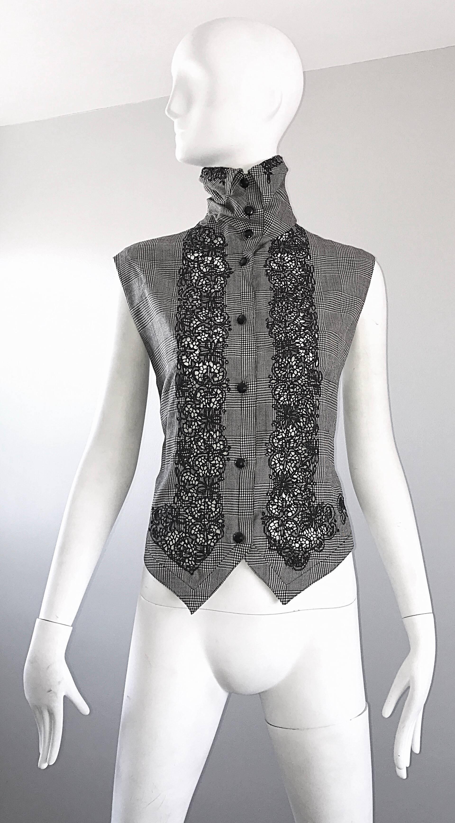 Rare Early Gianni Versace Black and White Houndstooth Plaid Embroidered Vest Top For Sale 3