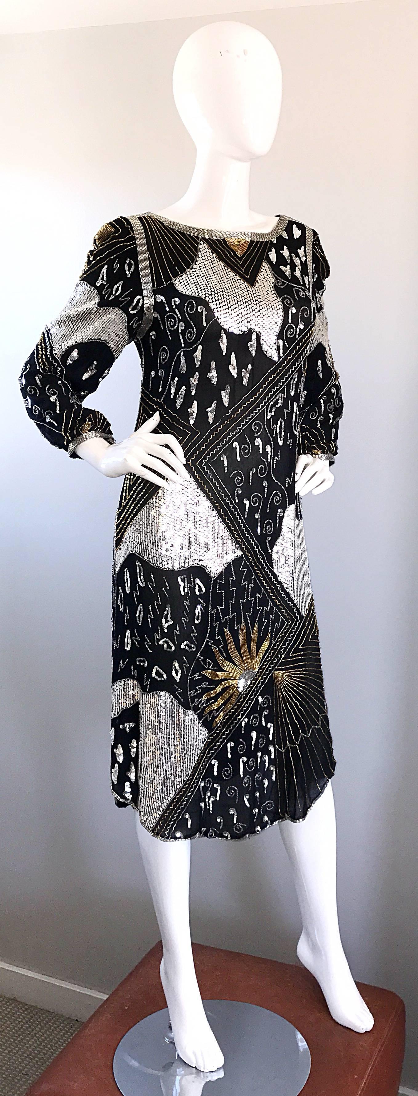 Women's Vintage Judith Ann Black, Silver, Gold Sequin Beaded Silk Chiffon Flapper Dress