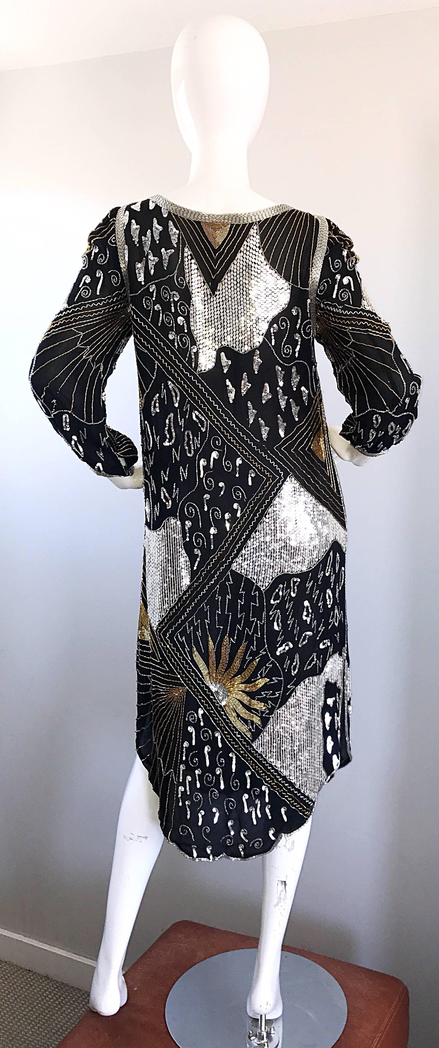 Vintage Judith Ann Black, Silver, Gold Sequin Beaded Silk Chiffon Flapper Dress 1