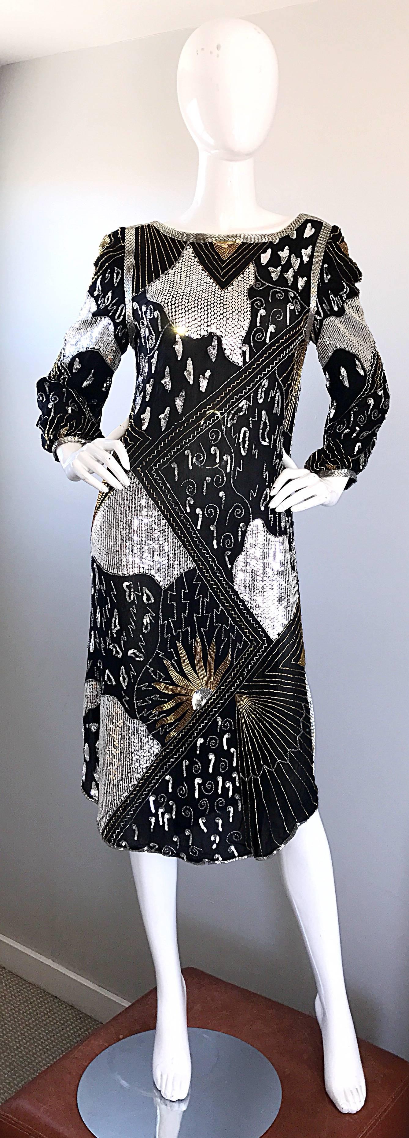 Vintage Judith Ann Black, Silver, Gold Sequin Beaded Silk Chiffon Flapper Dress 2