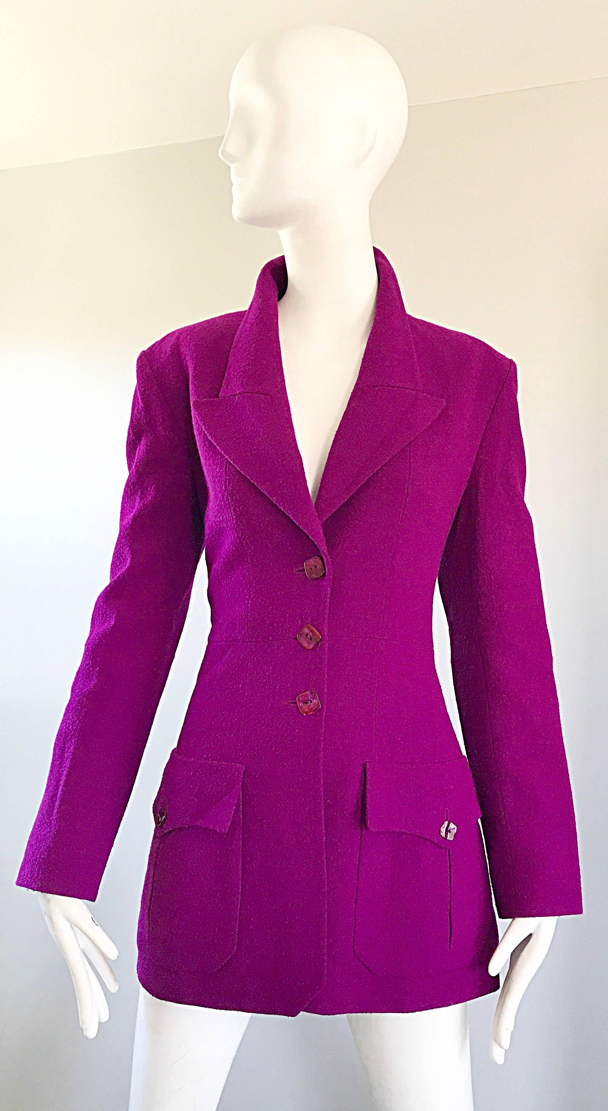 Chic 1990s CHLOE by KARL LAGERFELD magenta / hot pink fuchsia military inspired blazer jacket! Features an exaggerated collar and lapels. Three square buttons up the bodice, and at each side waist pocket. Back center flattering asymmetrical vent.
