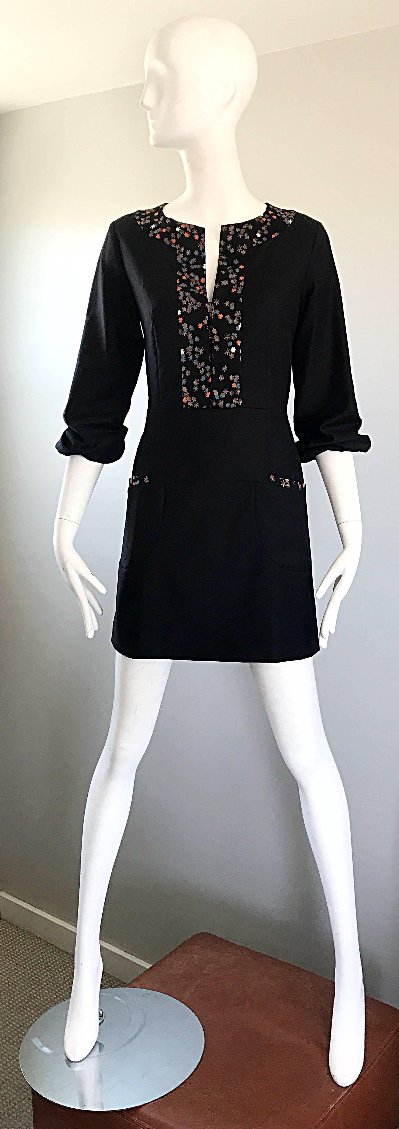 1990s CHLOE by KARL LAGERFELD black wool and silk long sleeve Asian inspired mini babydoll dress! Features soft black virgin wool, with luxurious flower patterned silk trim (in orange, blue, taupe and white) along the bodice, and at each pocket.