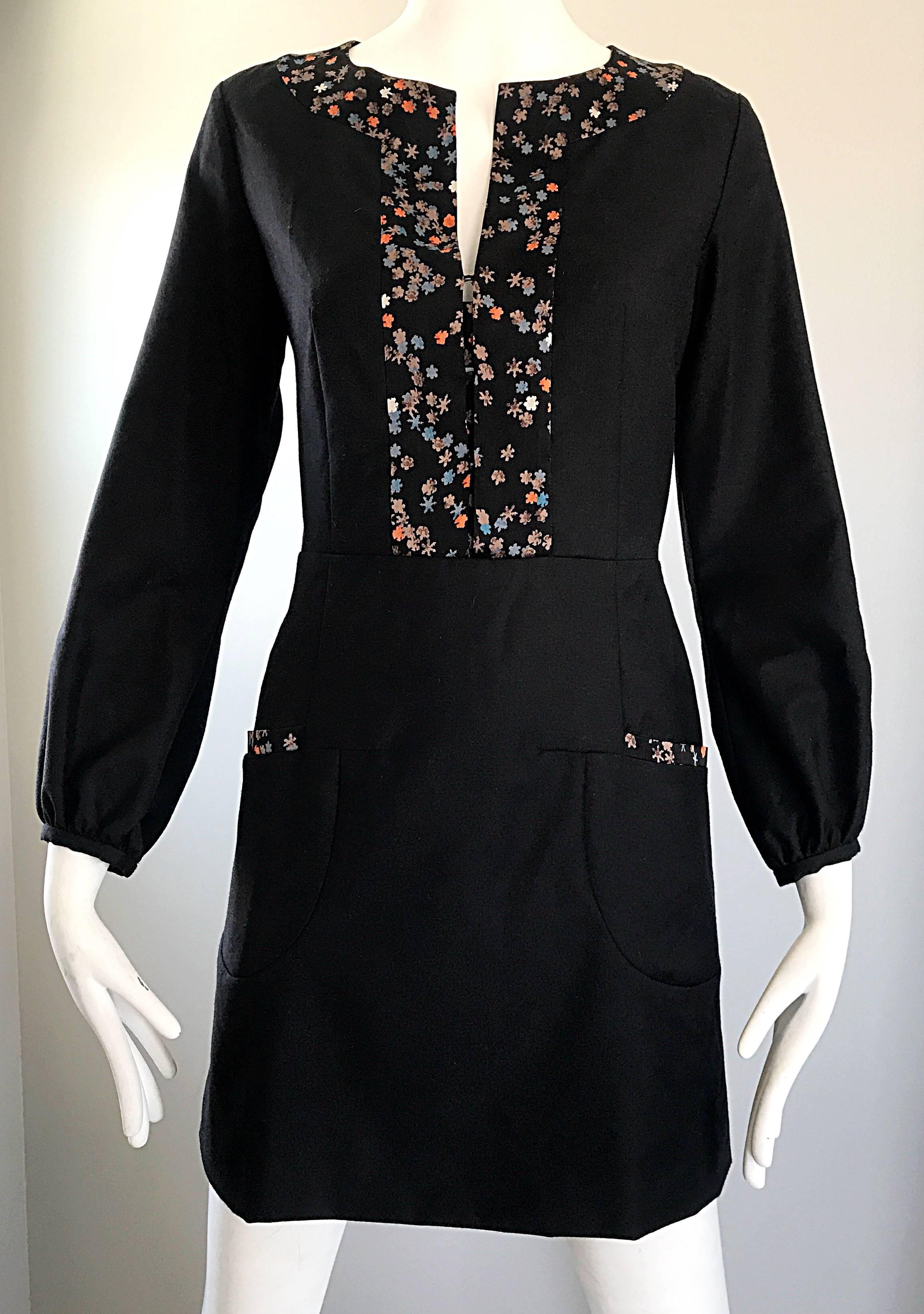 1990s Chloe by Karl Lagerfeld Black Wool + Silk Long Sleeve Vintage 90s Dress In Excellent Condition In San Diego, CA