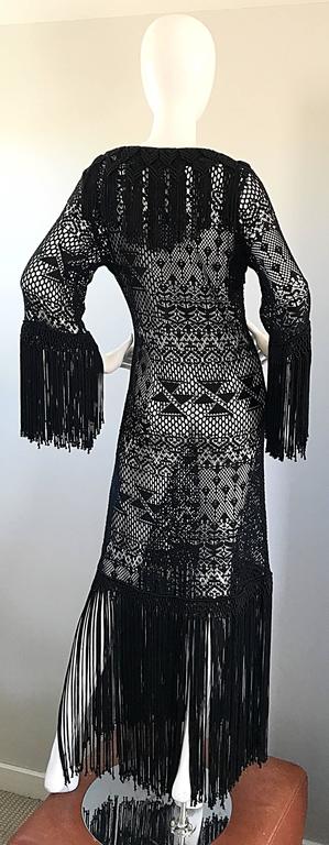 Amazing 1970s Black Hand Crochet Fringe 70s Vintage Embrodiered Boho Maxi Dress