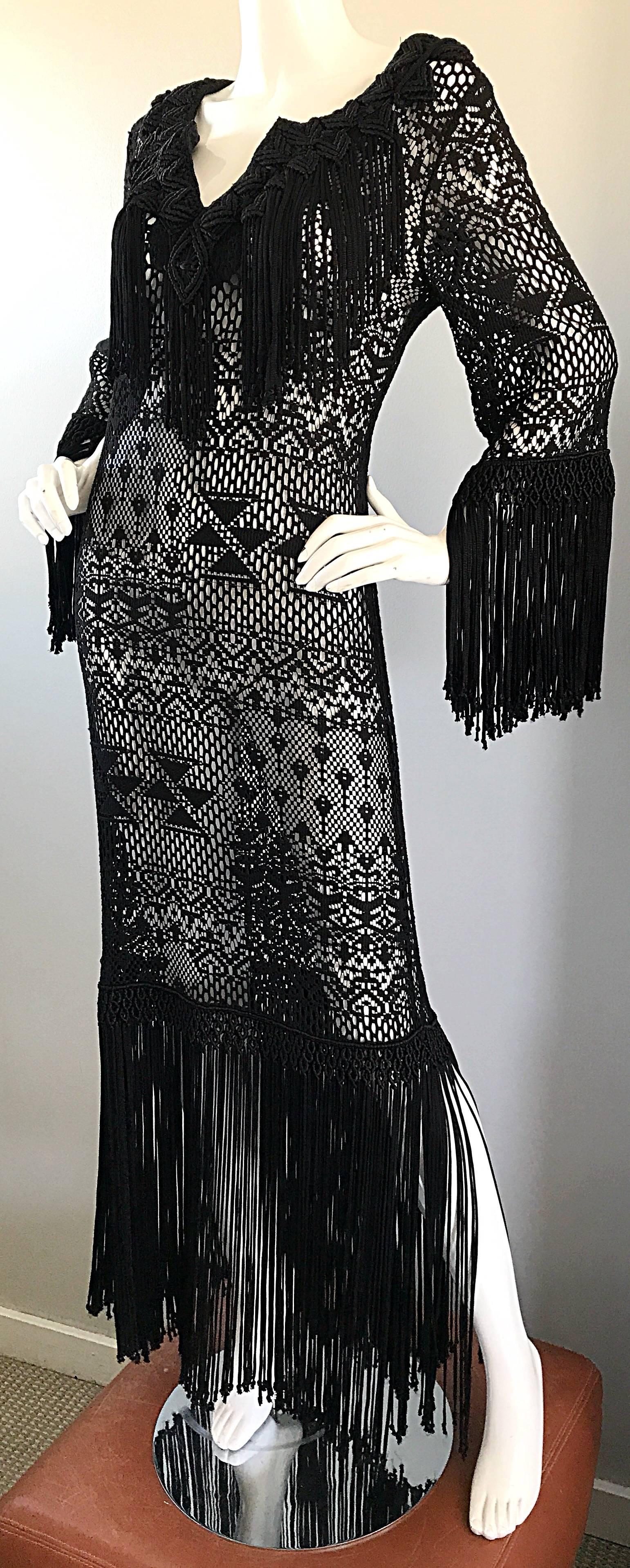 Amazing 1970s Black Hand Crochet Fringe 70s Vintage Embrodiered Boho Maxi Dress In Excellent Condition For Sale In San Diego, CA