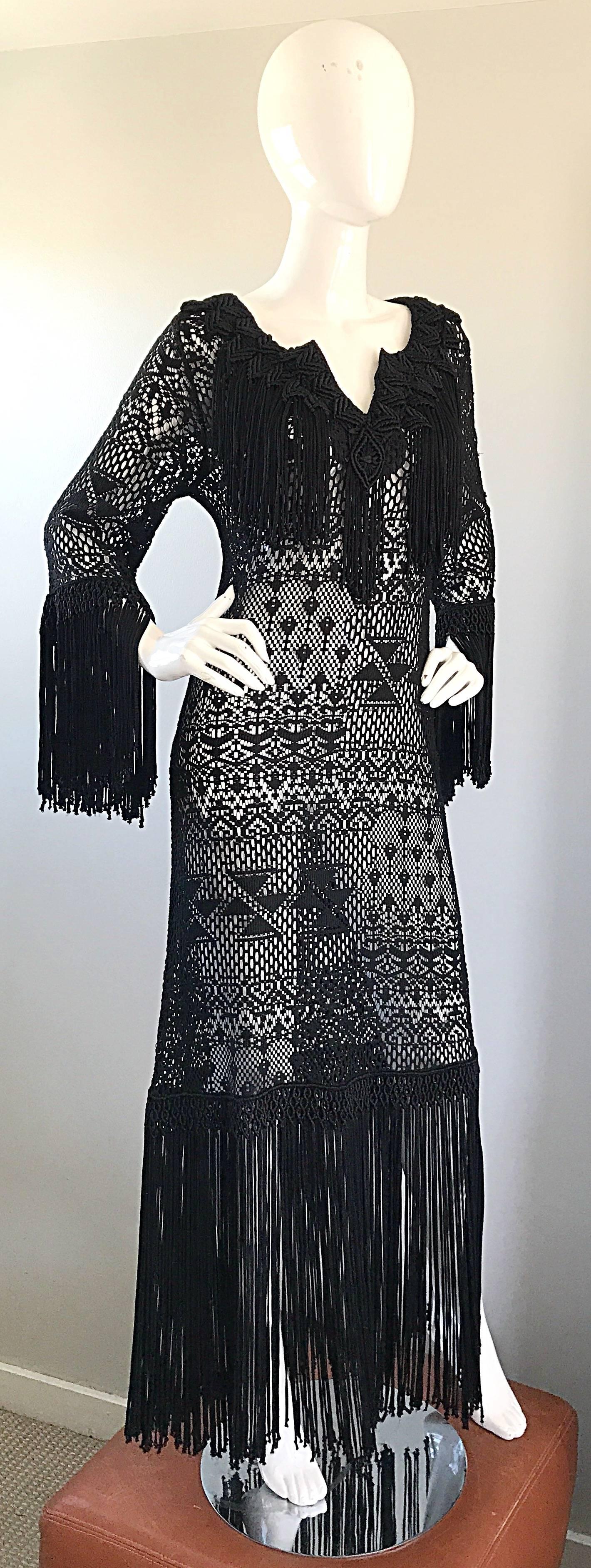 Women's Amazing 1970s Black Hand Crochet Fringe 70s Vintage Embrodiered Boho Maxi Dress For Sale
