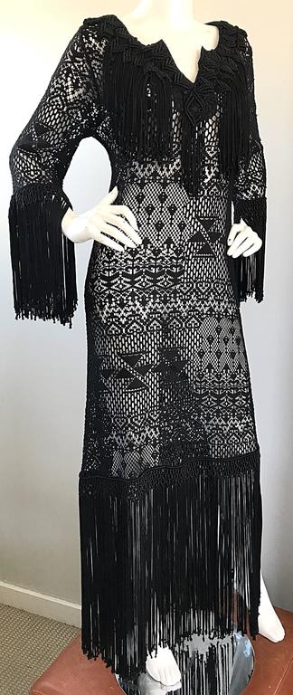 Amazing 1970s Black Hand Crochet Fringe 70s Vintage Embrodiered 