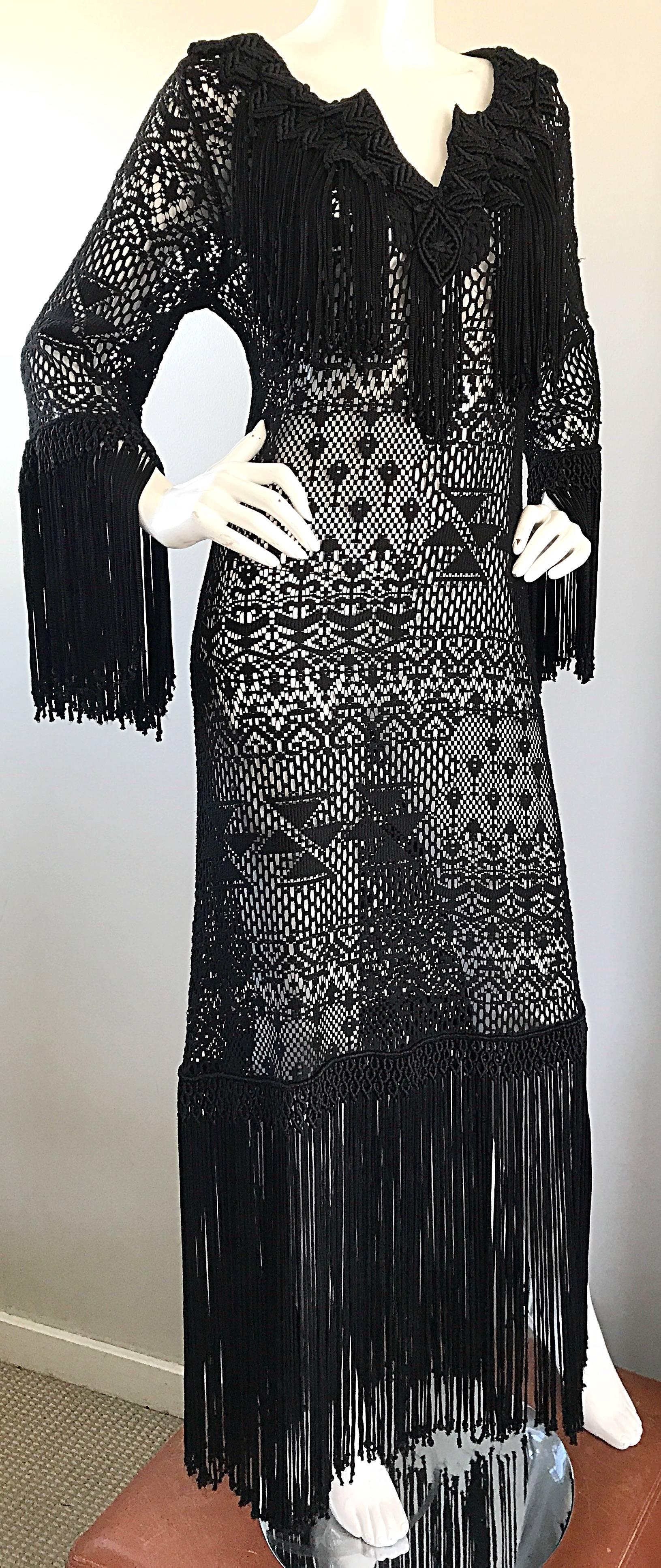 Amazing 1970s Black Hand Crochet Fringe 70s Vintage Embrodiered Boho Maxi Dress For Sale 1