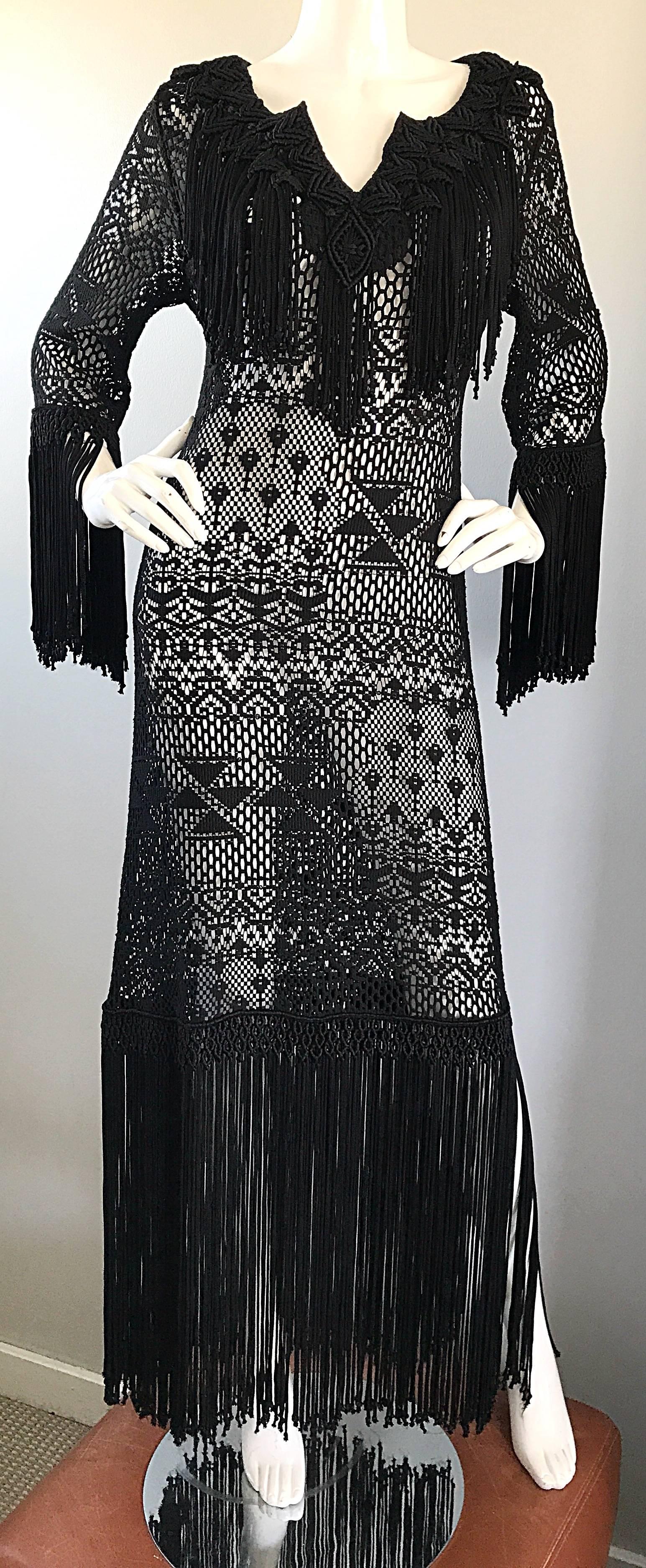 Amazing 1970s Black Hand Crochet Fringe 70s Vintage Embrodiered Boho Maxi Dress For Sale 2