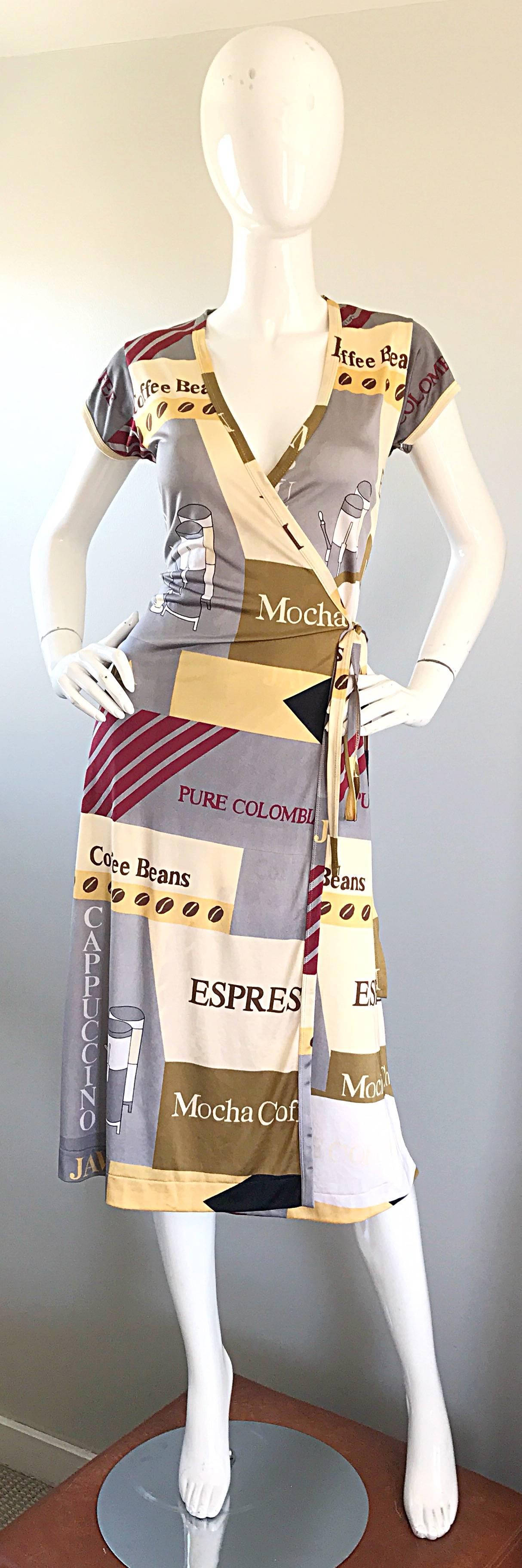 1970s Wayne Rogers Coffee Themed Novelty Print 70s Vintage Jersey Wrap Dress For Sale 1