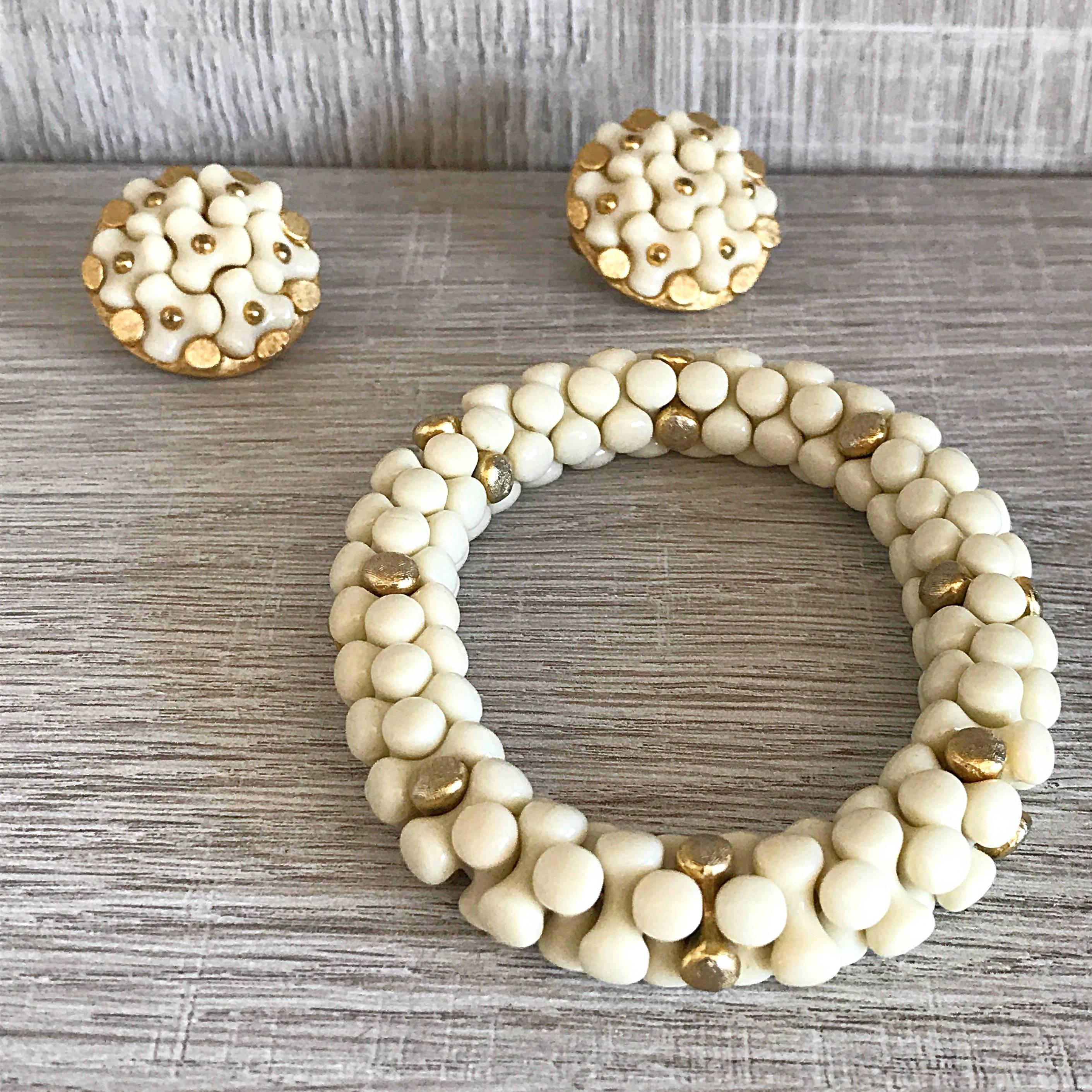 Women's 1960s Trifari Signed Ivory and Gold Vintage 60s Clip On Earrings and Bracelet  For Sale