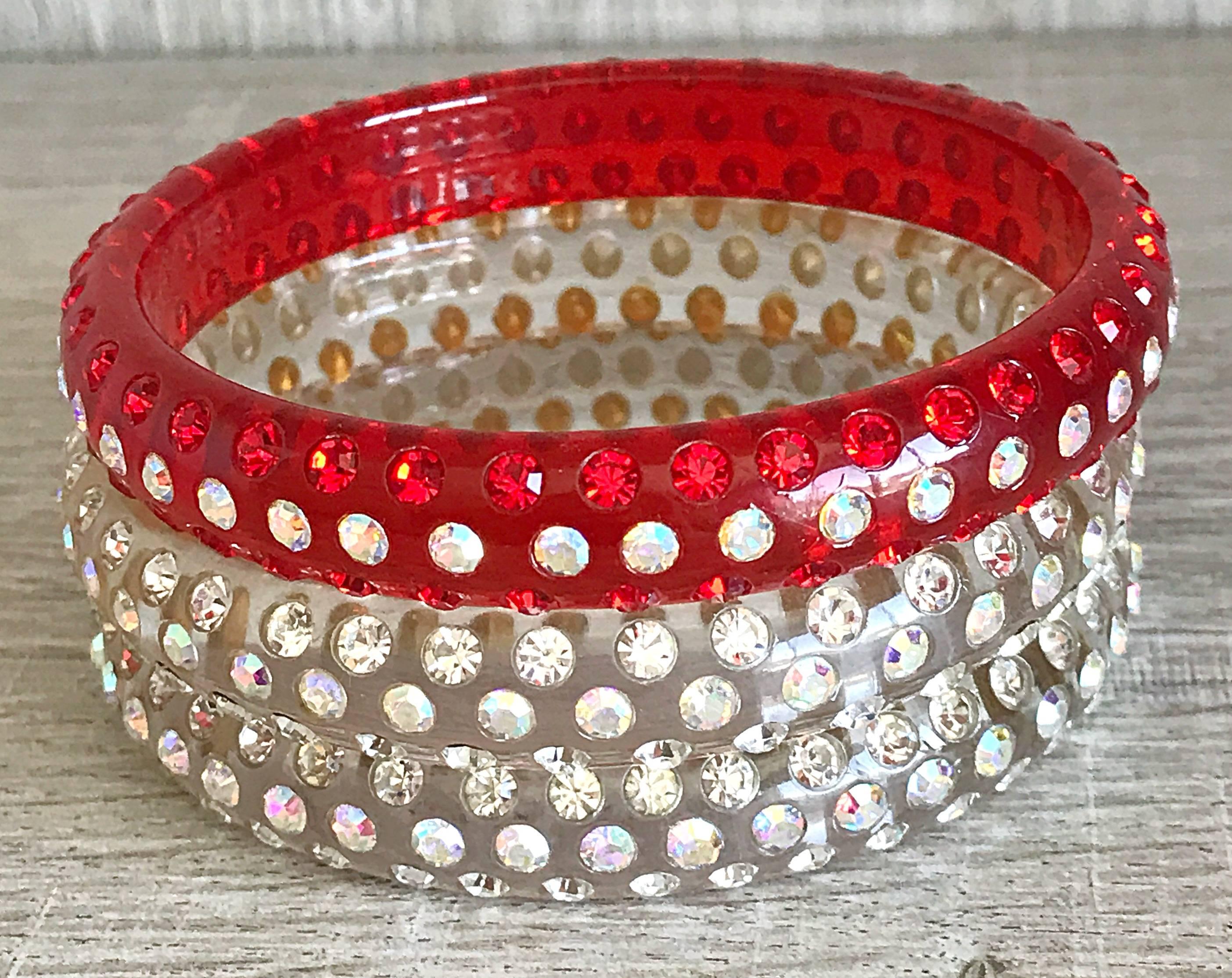 Women's Set of Three 1960s Red and Clear Rhinestone Encrusted Vintage Lucite 60s Bangles For Sale