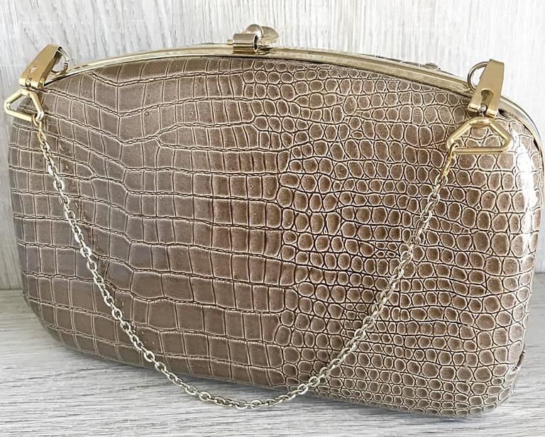 1940s Italian Taupe Alligator Croc Embossed Vintage 40s Leather Handbag