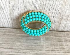 Trifari 1960s Turquoise Blue + Gold Oval 60s Signed Vintage Ball Brooch Pin