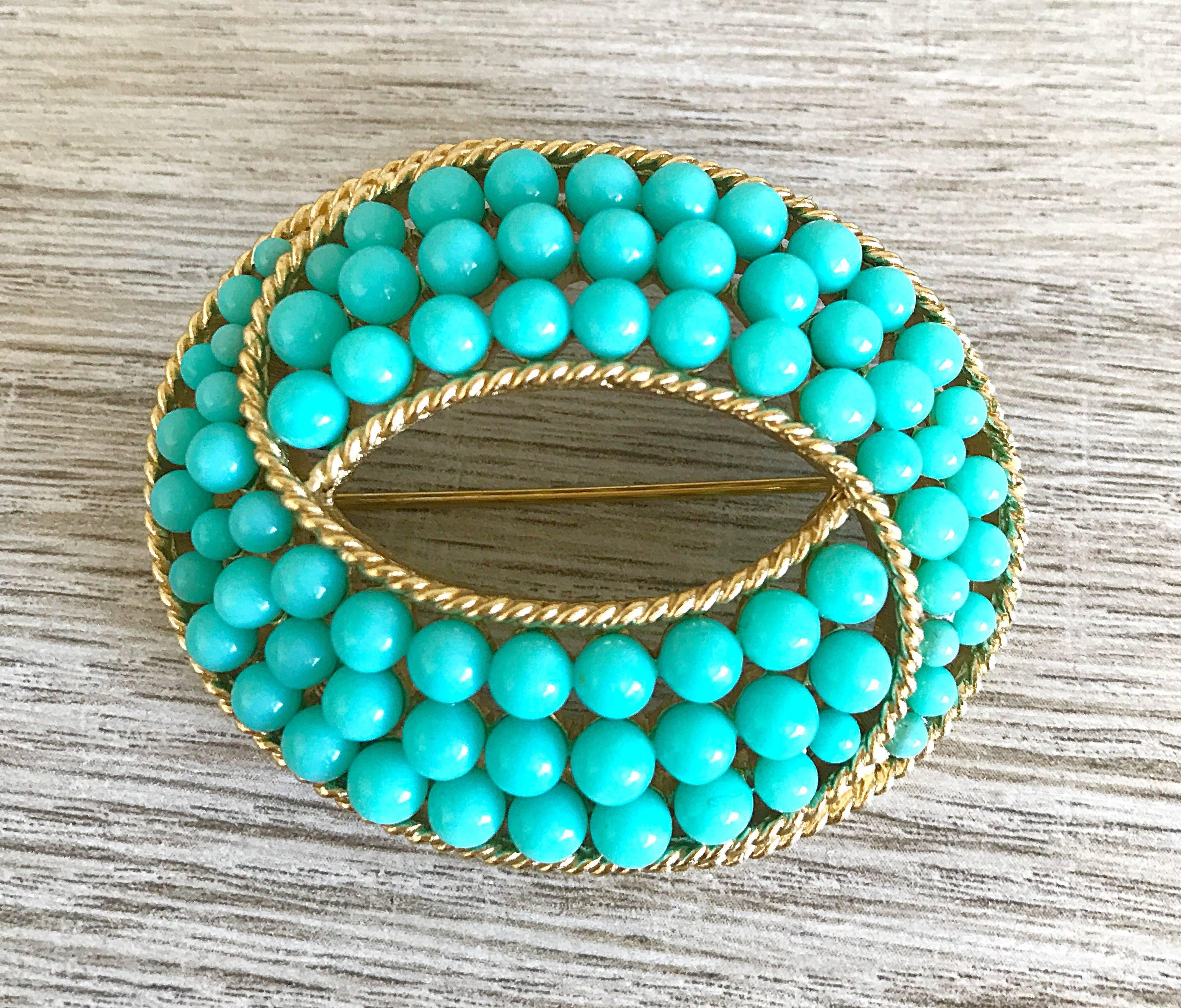 Women's Trifari 1960s Turquoise Blue + Gold Oval 60s Signed Vintage Ball Brooch Pin