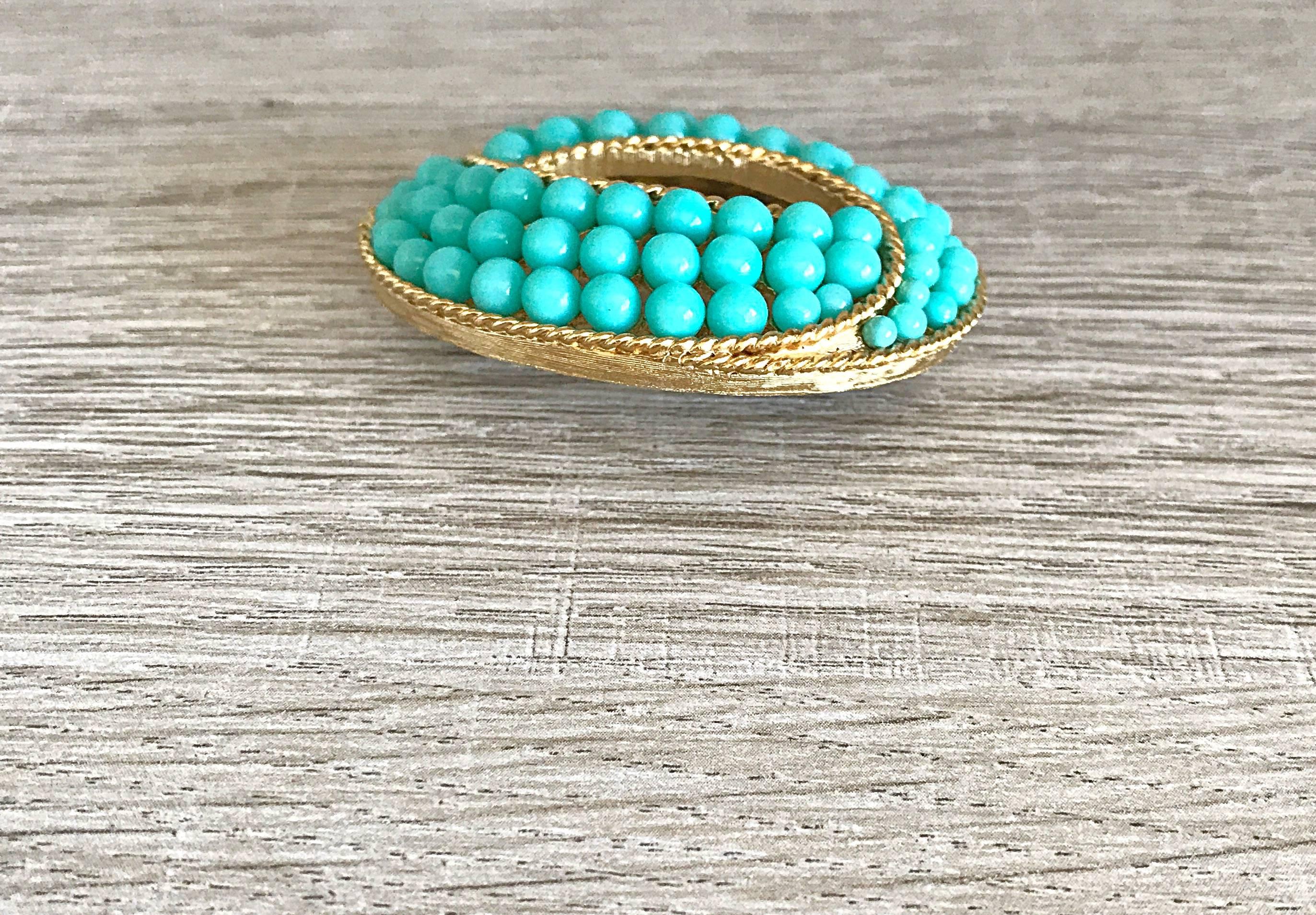 Trifari 1960s Turquoise Blue + Gold Oval 60s Signed Vintage Ball Brooch Pin 1