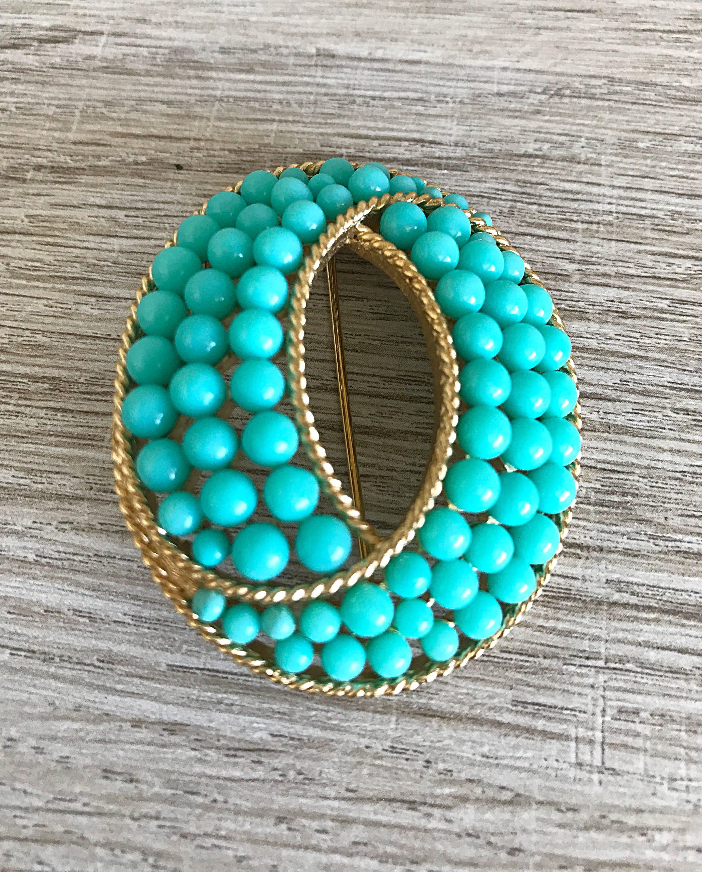 Trifari 1960s Turquoise Blue + Gold Oval 60s Signed Vintage Ball Brooch Pin 3