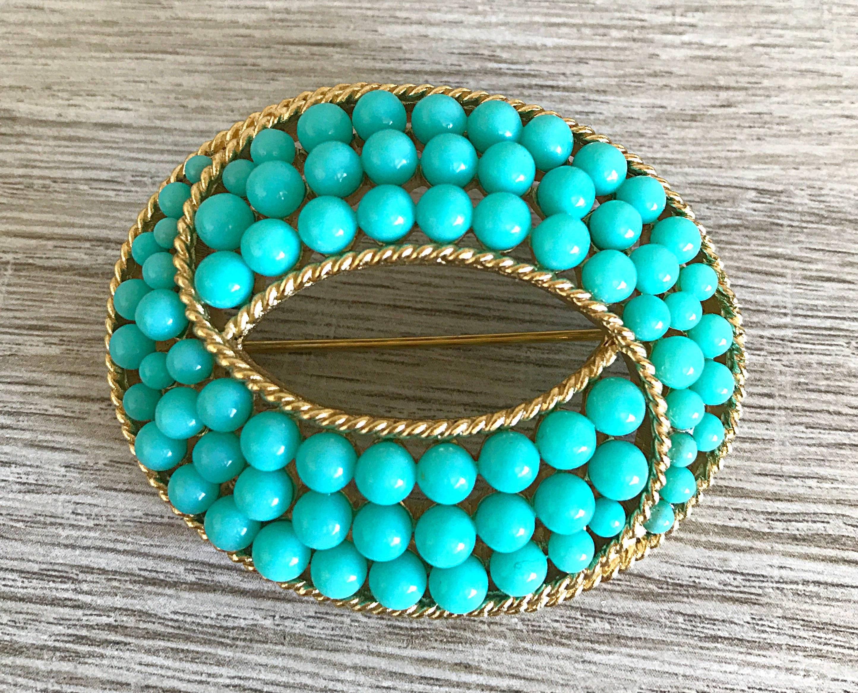 Trifari 1960s Turquoise Blue + Gold Oval 60s Signed Vintage Ball Brooch Pin 5