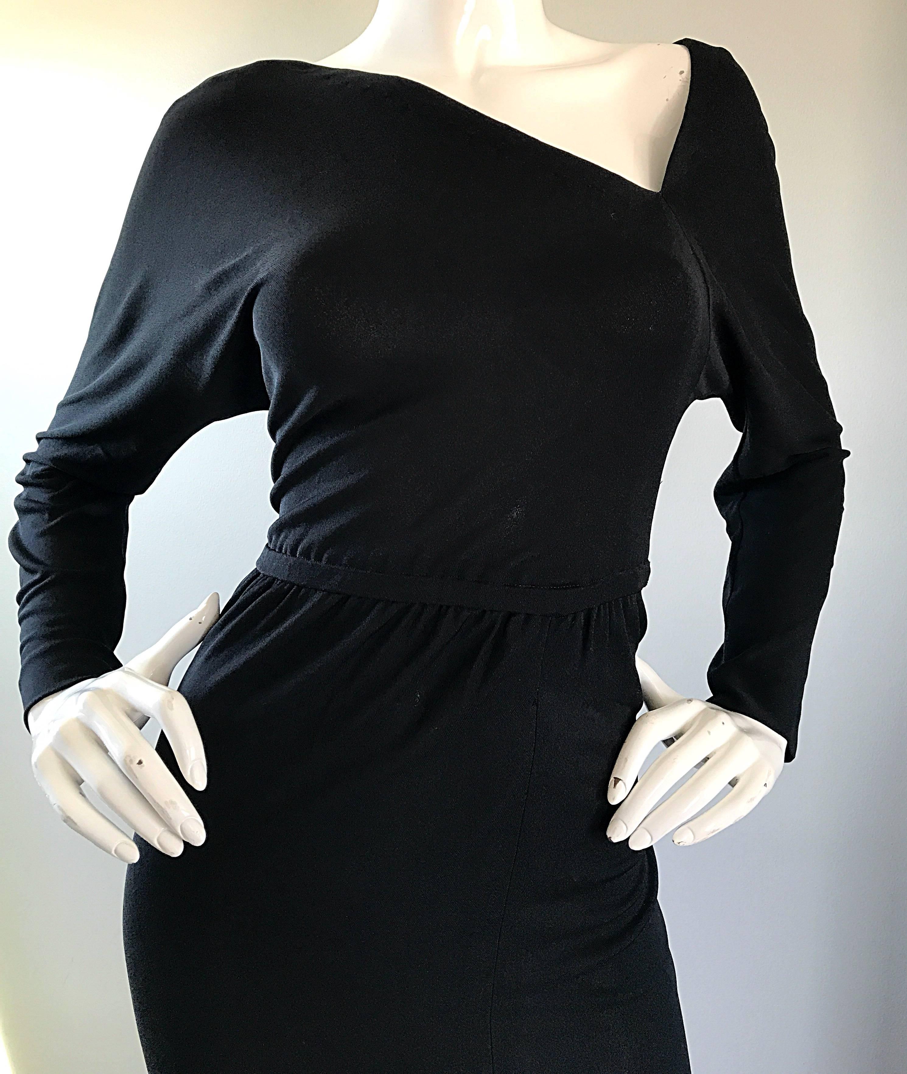 Halston 1970s Black Jersey Asymmetrical 70s Vintage Dolman Sleeve Sexy ...