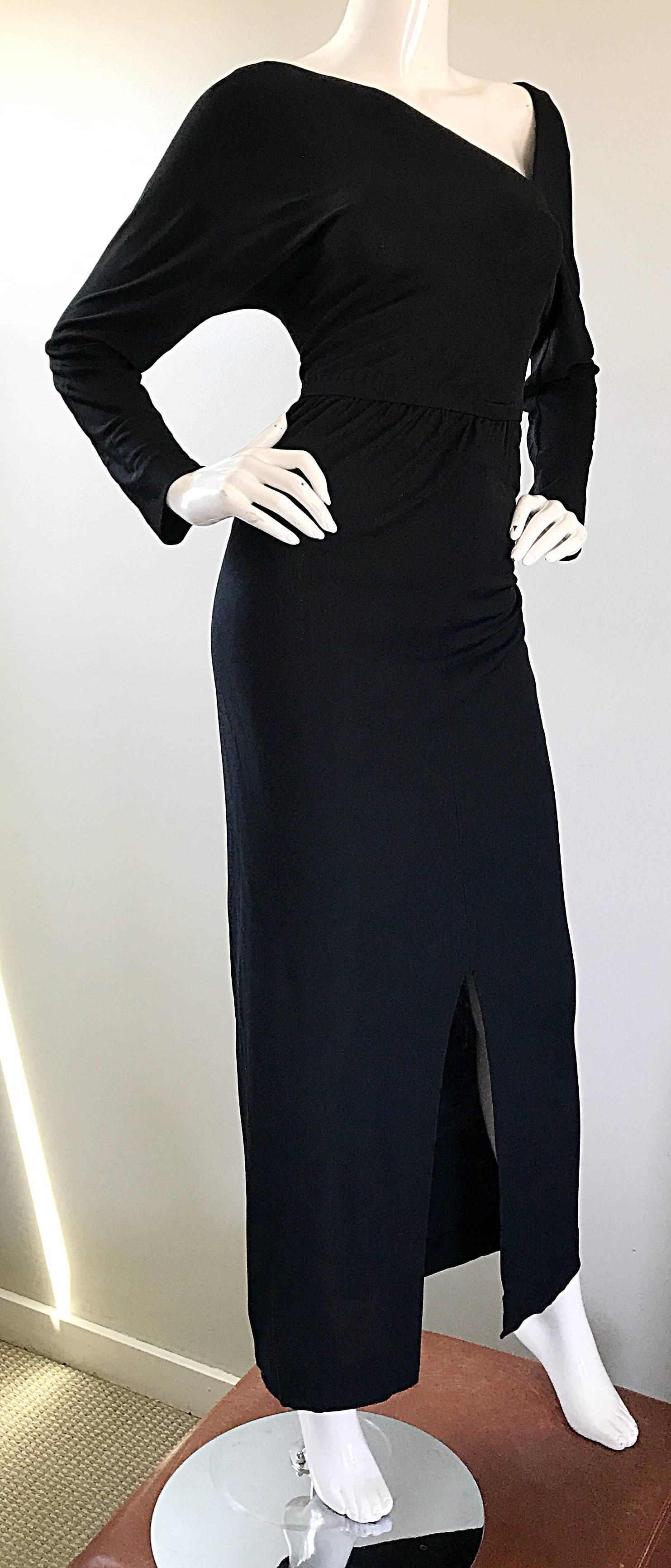  Halston 1970s Black Jersey Asymmetrical 70s Vintage Dolman Sleeve Sexy Gown In Excellent Condition In San Diego, CA
