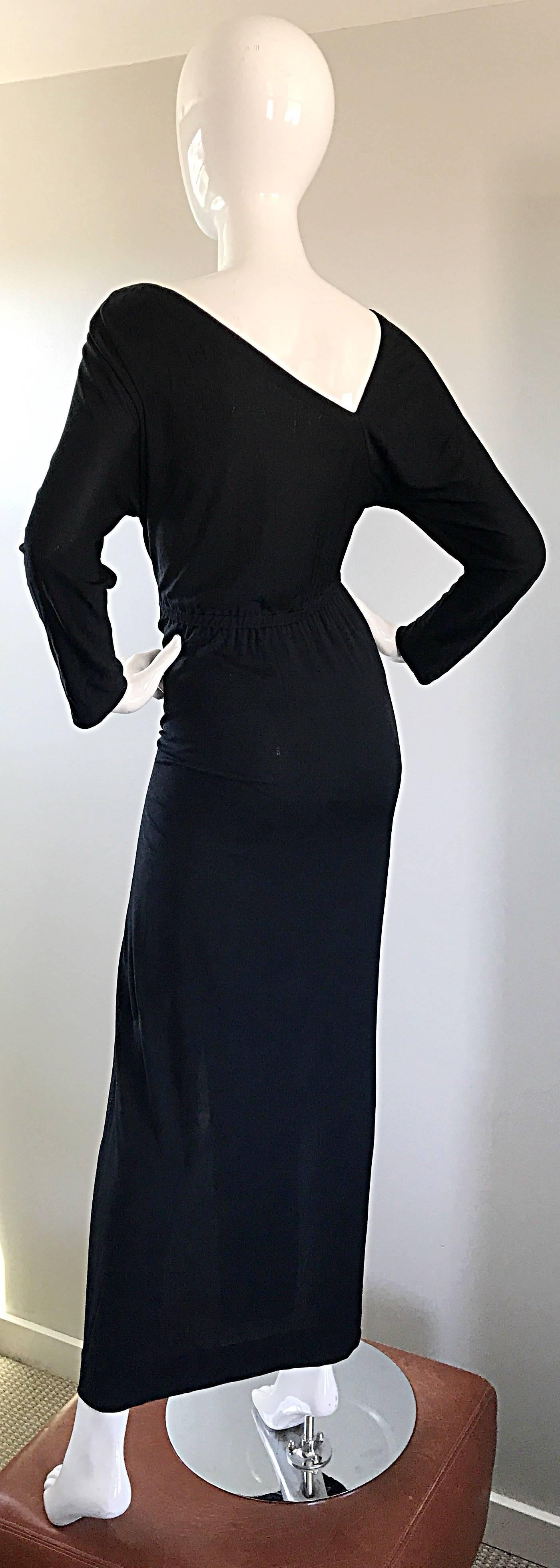 Women's  Halston 1970s Black Jersey Asymmetrical 70s Vintage Dolman Sleeve Sexy Gown