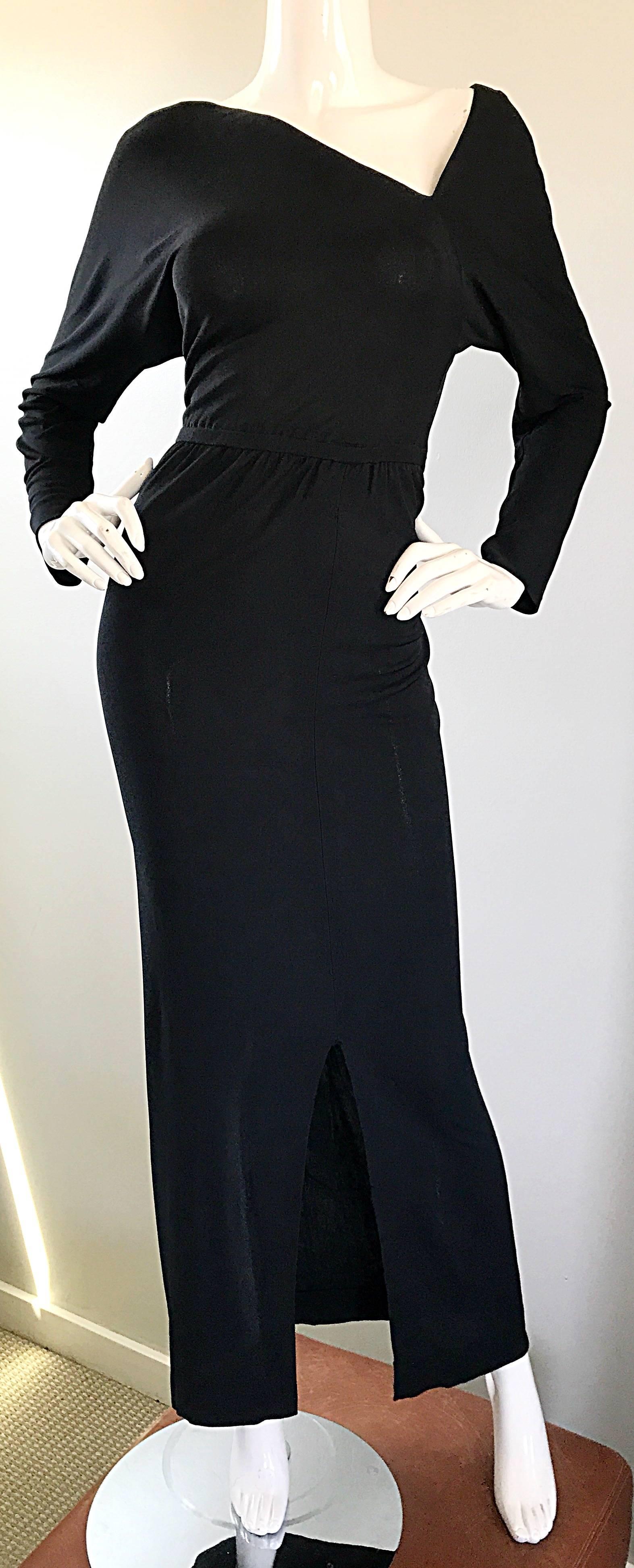  Halston 1970s Black Jersey Asymmetrical 70s Vintage Dolman Sleeve Sexy Gown 1