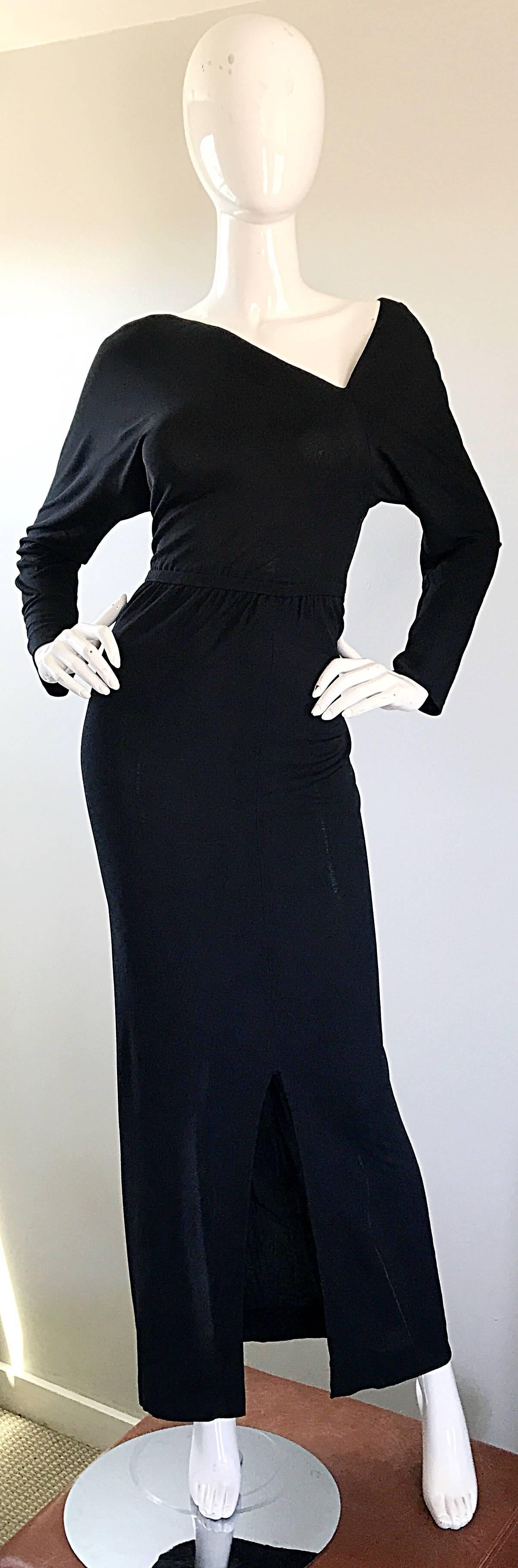  Halston 1970s Black Jersey Asymmetrical 70s Vintage Dolman Sleeve Sexy Gown 2