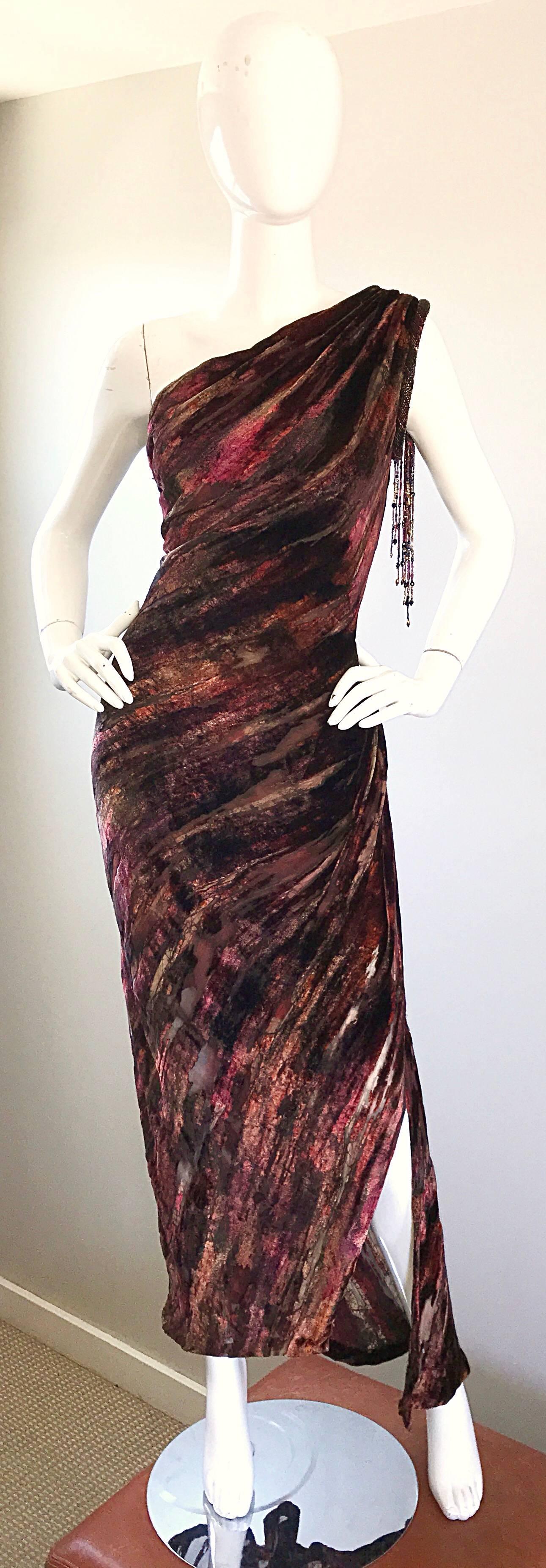 Stunning vintage 90s BOB MACKIE couture one shoulder evening dress! Features warm colors of burgundy / maroon, brown, tan, and black. Luxurious silk velvet cut-out with chiffon underlay to the knee. Slit up the left leg reveals just the right amount