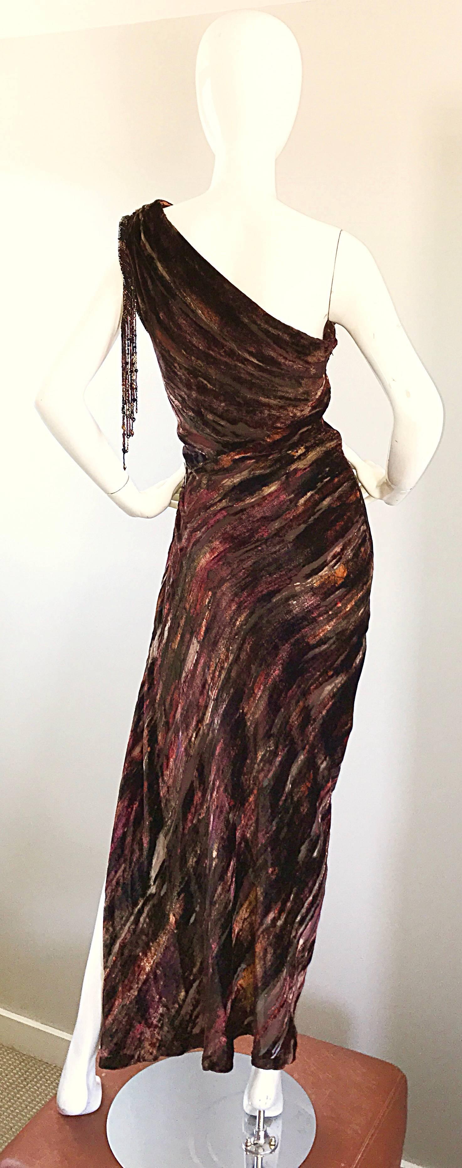 Black Bob Mackie Vintage One Shoulder Silk Velvet Cut Out Grecian Gown, 1990s 