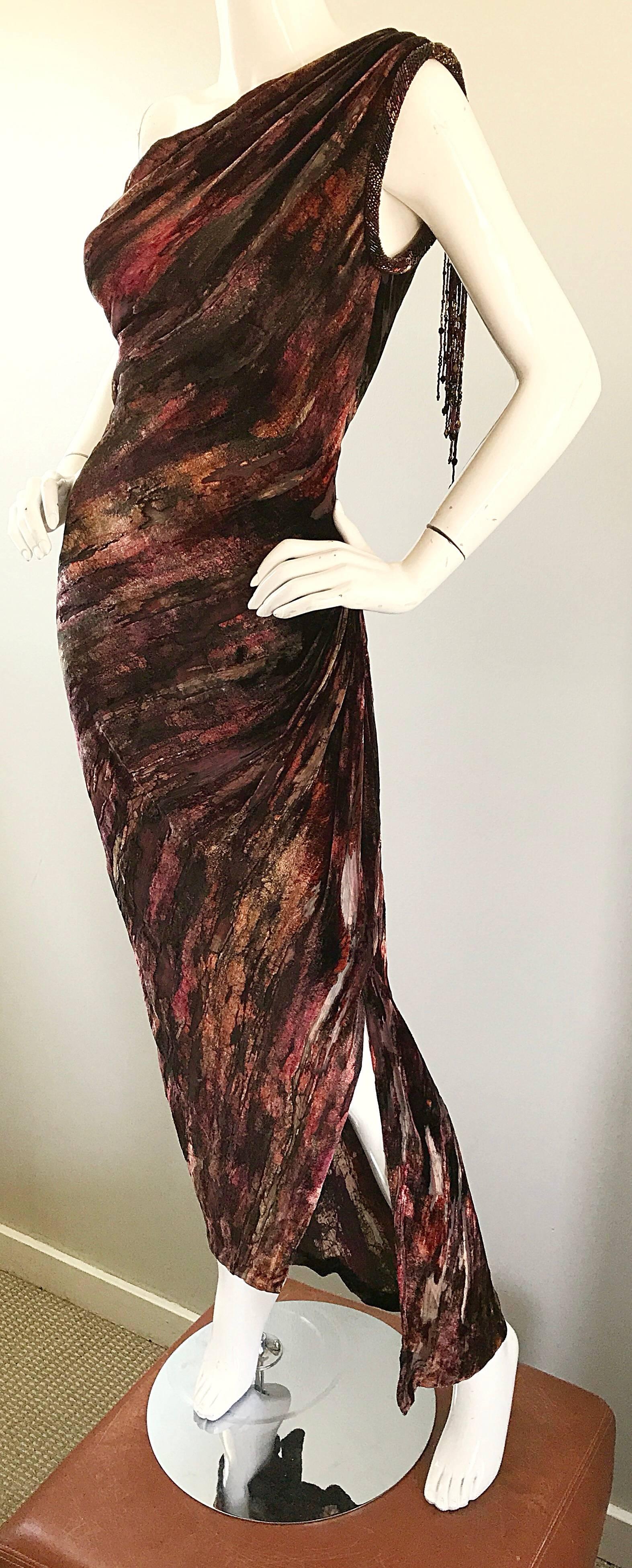 Women's Bob Mackie Vintage One Shoulder Silk Velvet Cut Out Grecian Gown, 1990s 