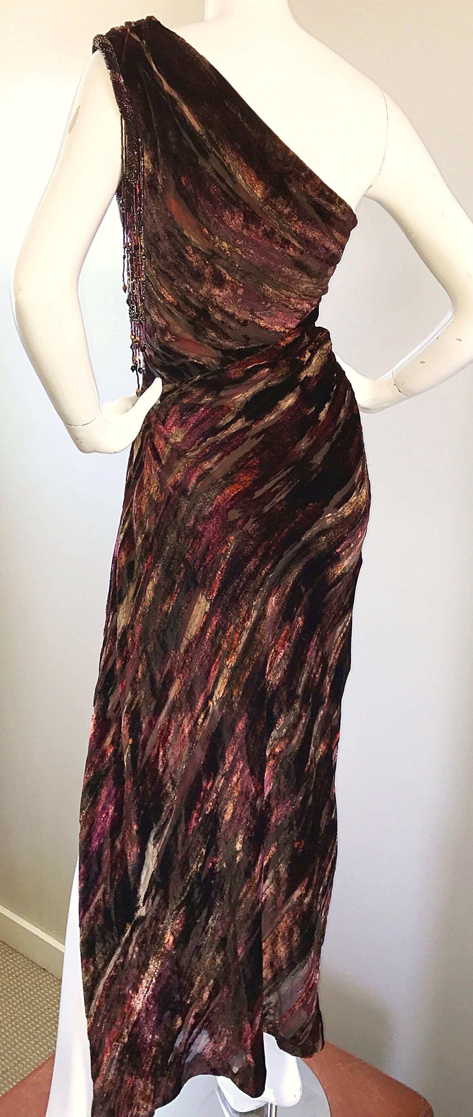 Bob Mackie Vintage One Shoulder Silk Velvet Cut Out Grecian Gown, 1990s  2