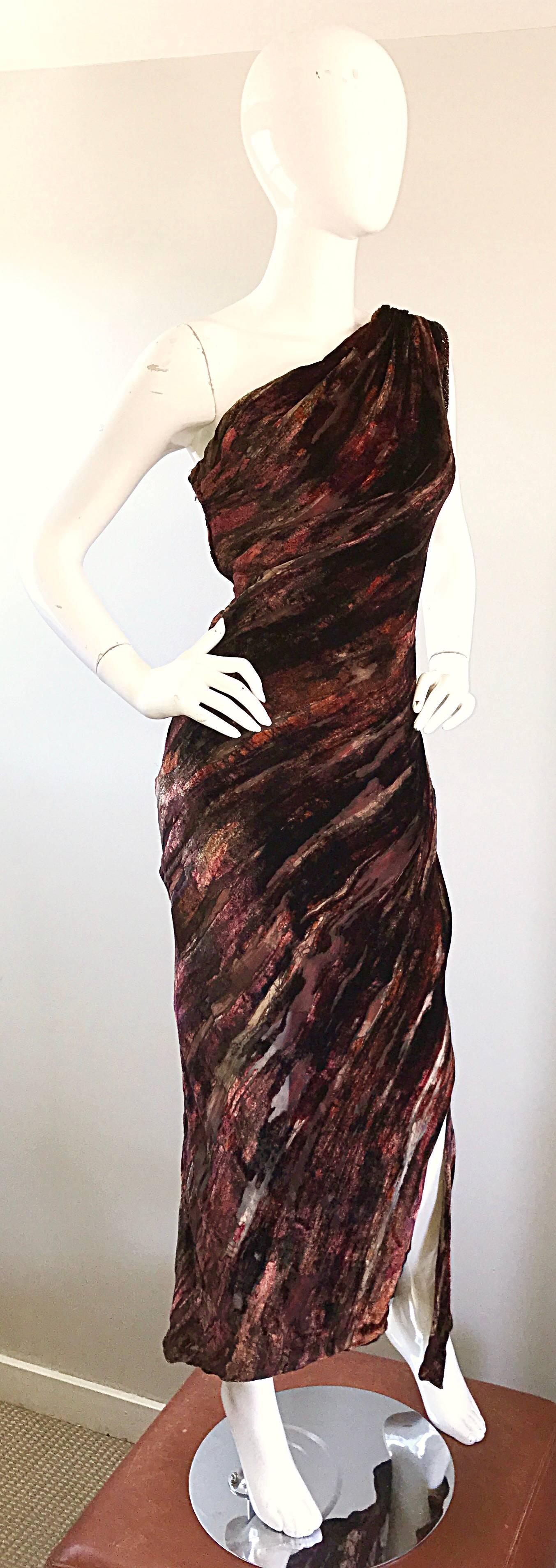 Bob Mackie Vintage One Shoulder Silk Velvet Cut Out Grecian Gown, 1990s  1