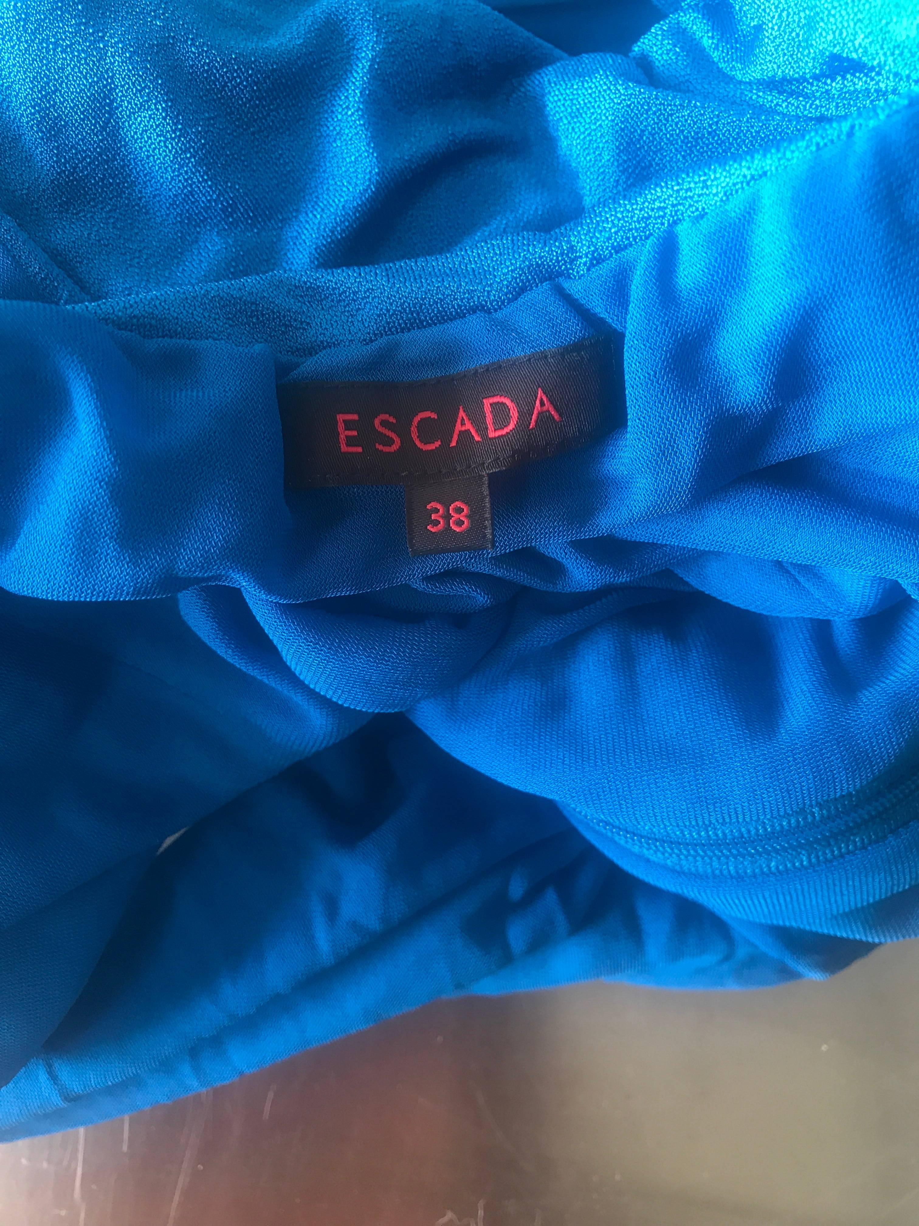 1990s Escada Cerulean Blue Flattering Ruched Jersey Criss Cross Back Vintage Top For Sale 3