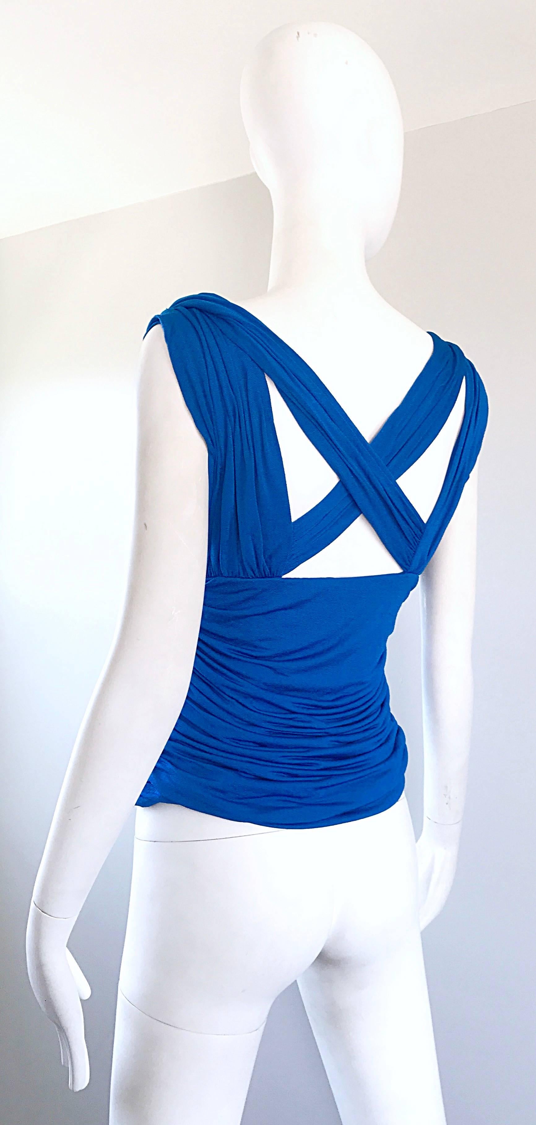 1990s Escada Cerulean Blue Flattering Ruched Jersey Criss Cross Back Vintage Top In Excellent Condition For Sale In San Diego, CA