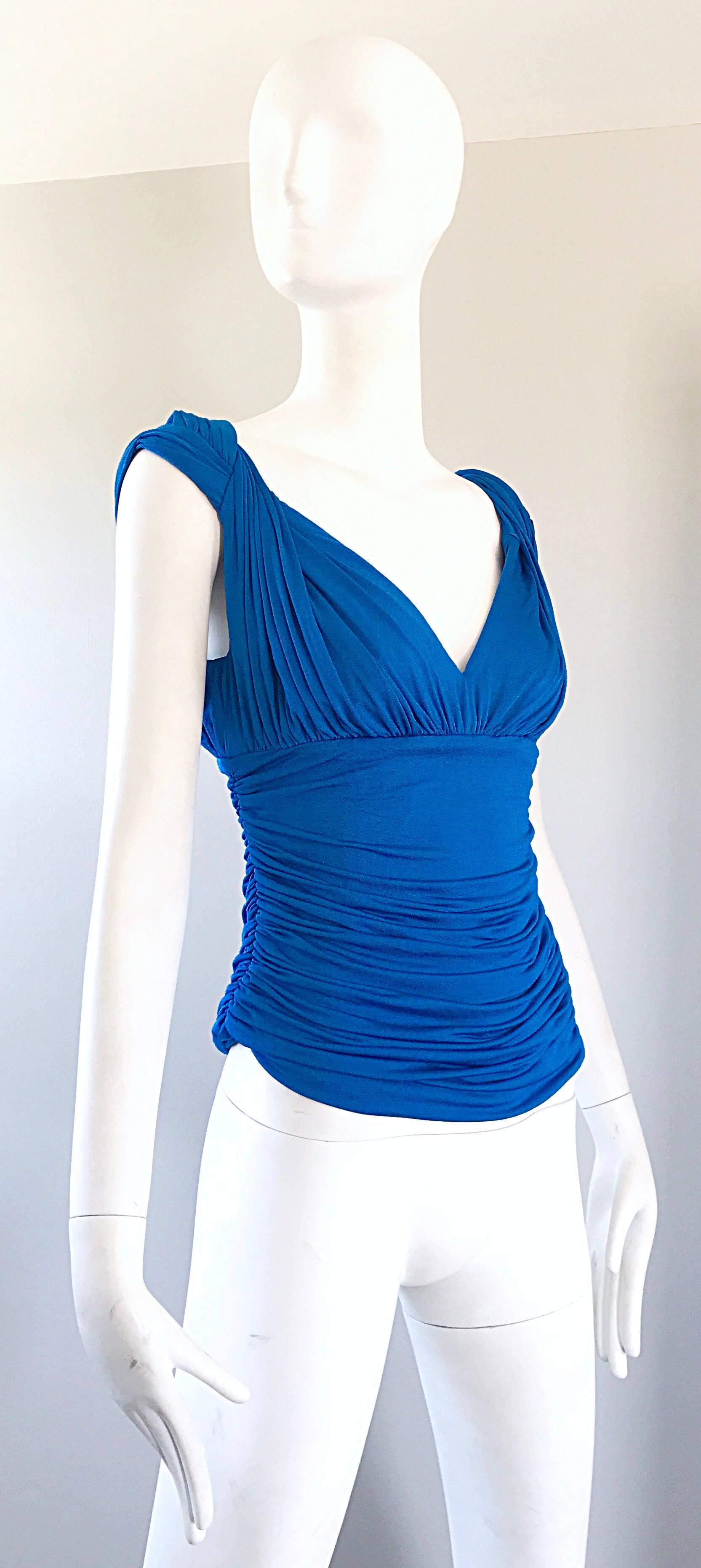 Women's 1990s Escada Cerulean Blue Flattering Ruched Jersey Criss Cross Back Vintage Top For Sale