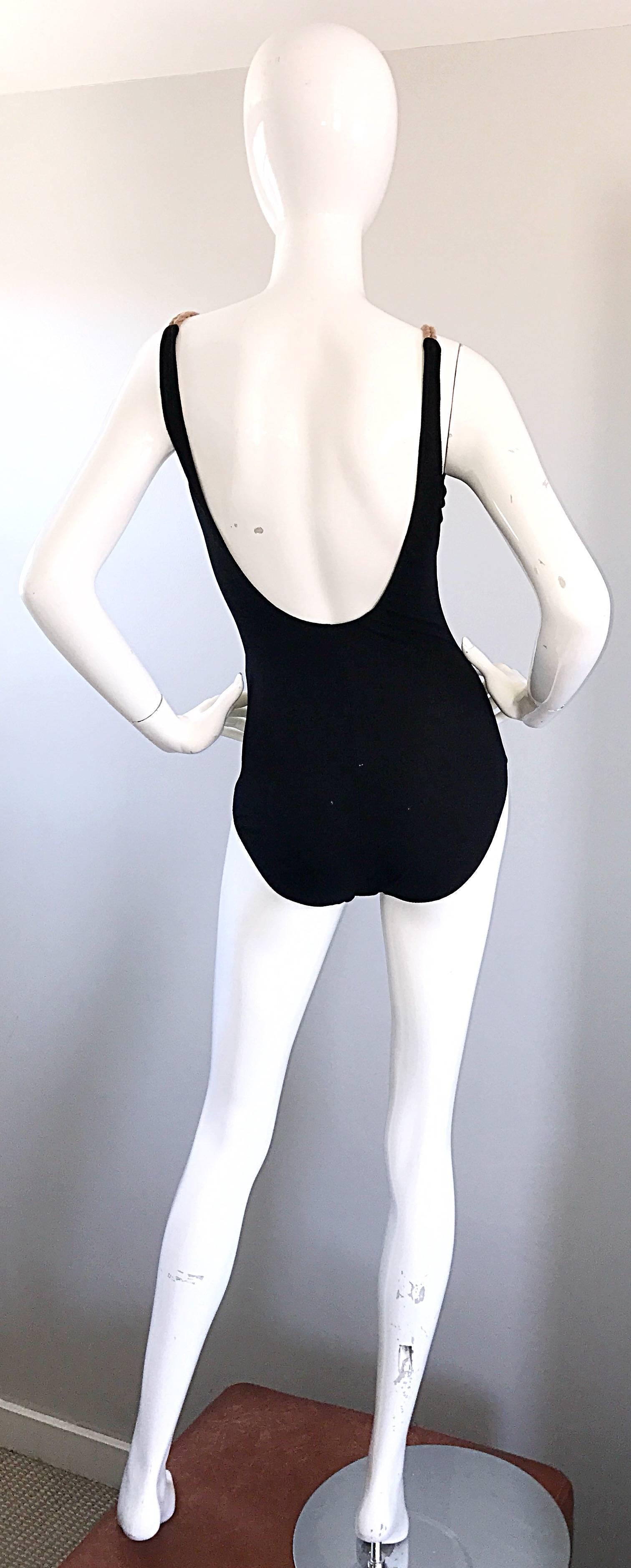 1990er Bill Blass Schwarzer nautischer, einteiliger Vintage-Bodysuit mit Seilriemen und Badeanzug Damen im Angebot