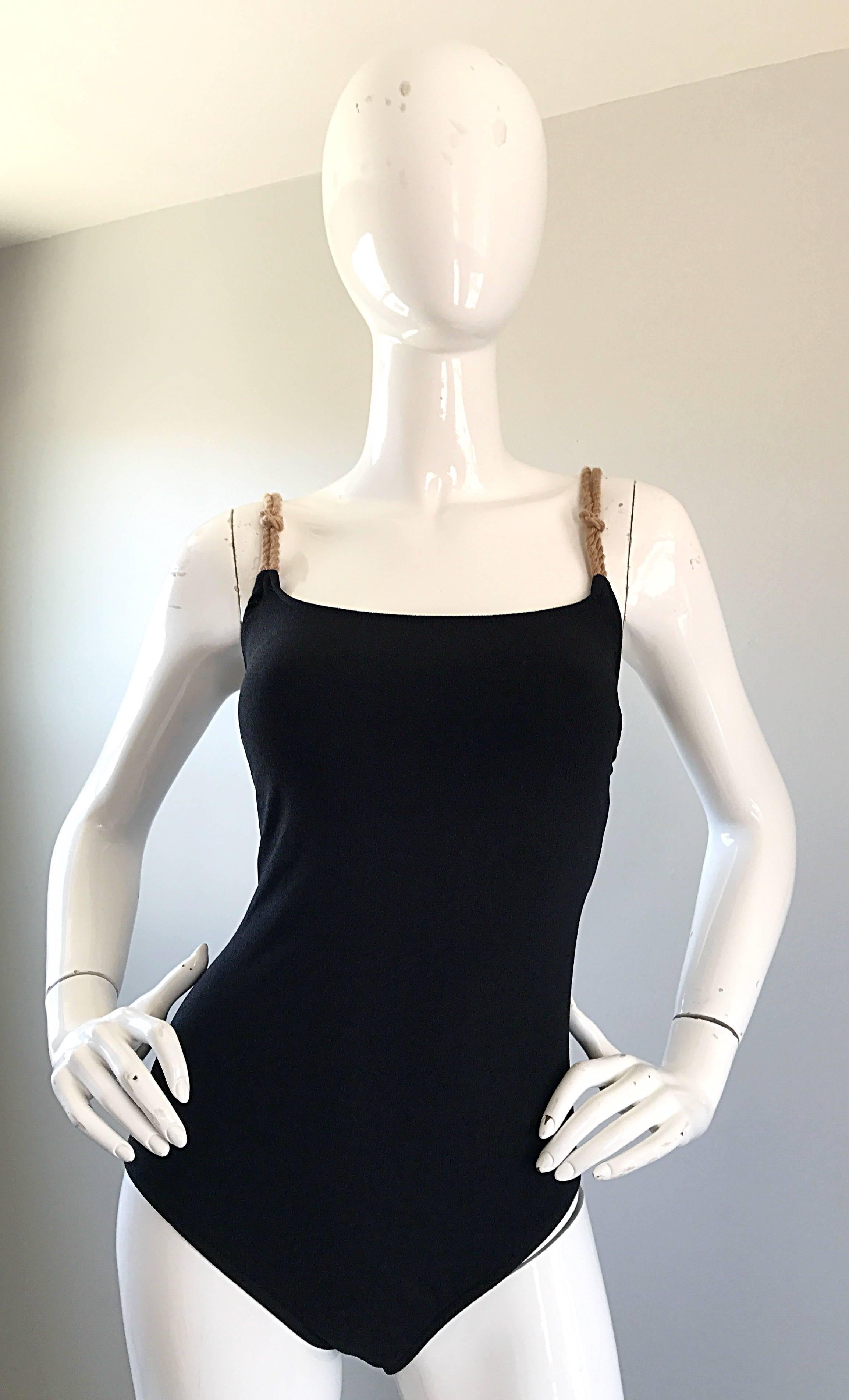 1990er Bill Blass Schwarzer nautischer, einteiliger Vintage-Bodysuit mit Seilriemen und Badeanzug im Angebot 1